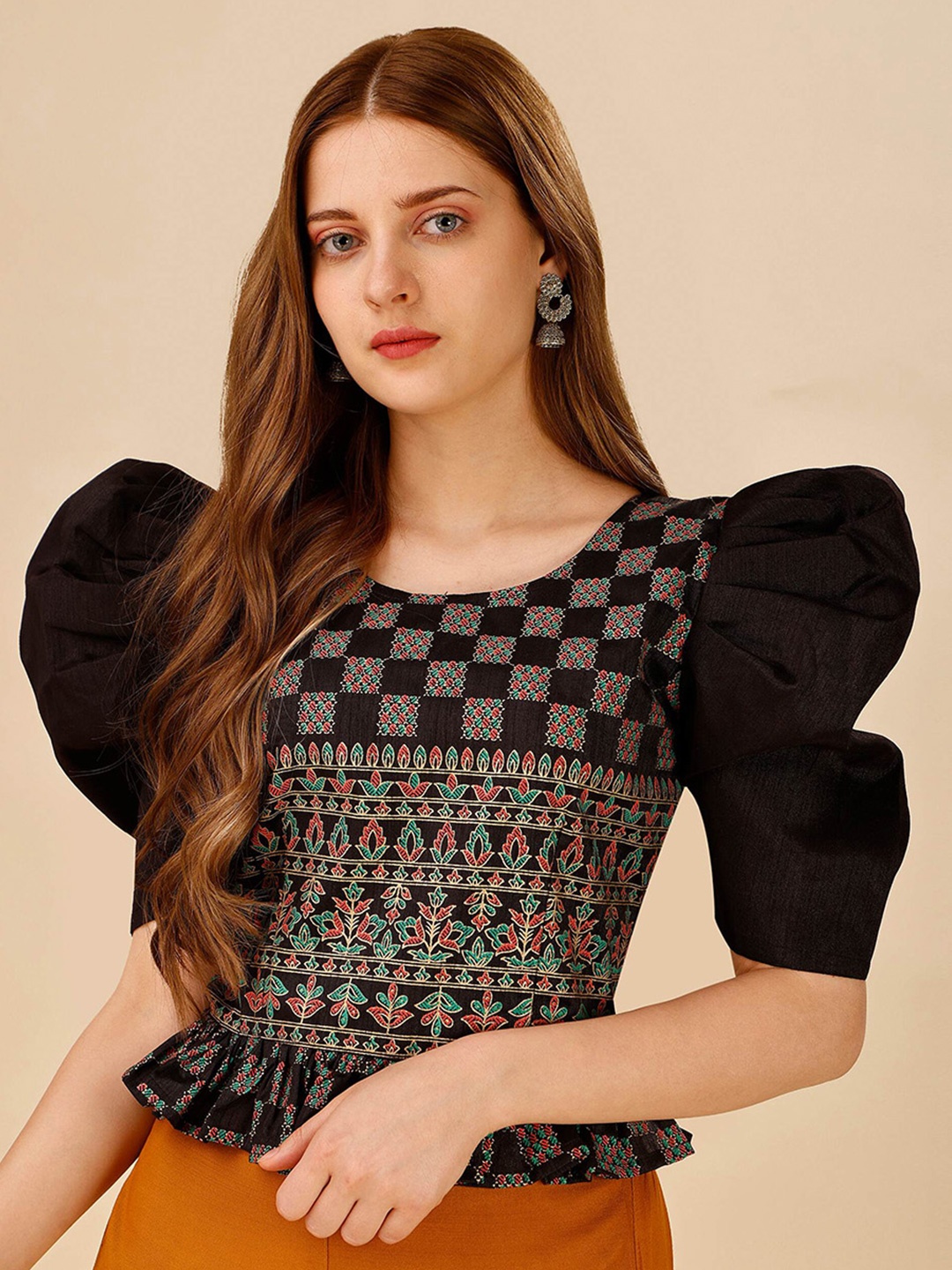 

DL Fashion Ethnic Printed Puff Sleeves Peplum Crop Top, Black