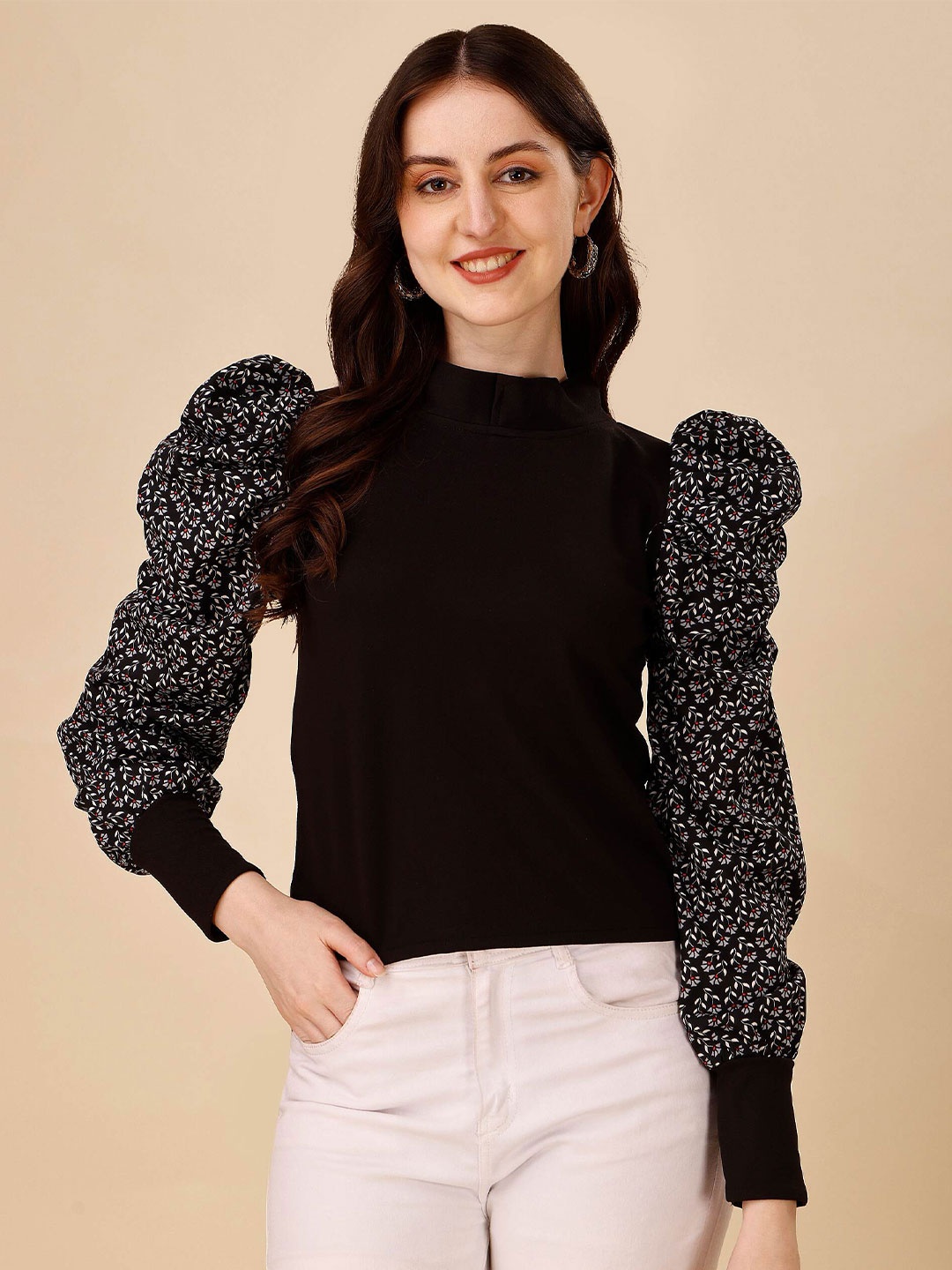 

DL Fashion Floral Printed Puff Sleeves Top, Black