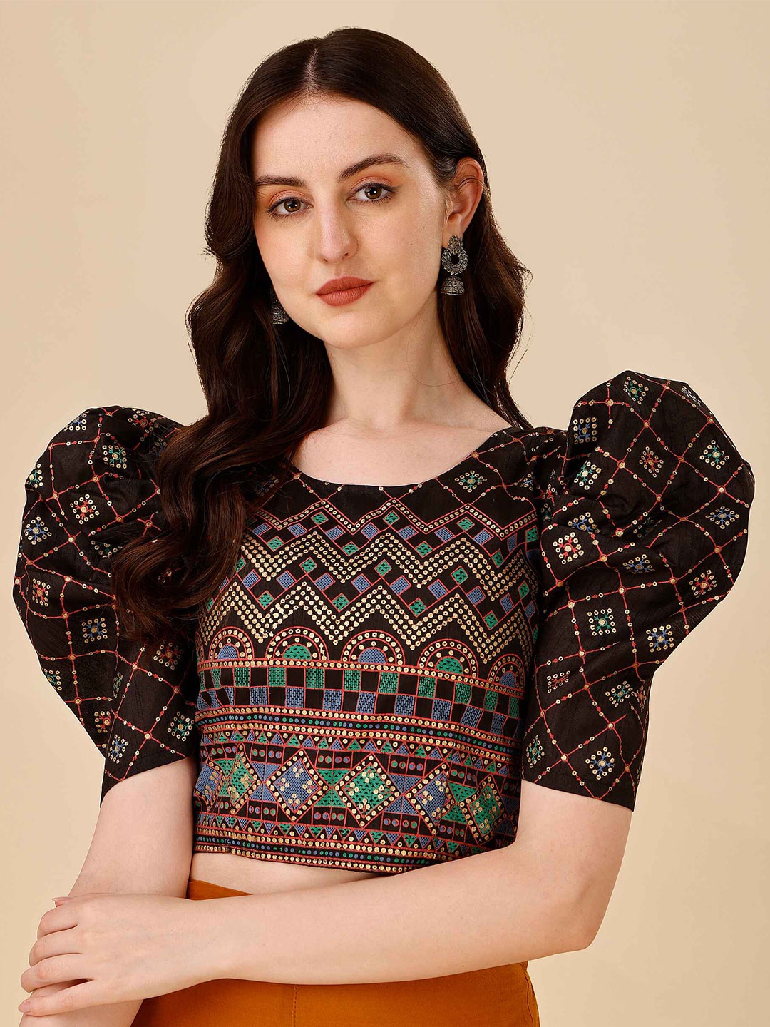 

DL Fashion Ethnic Motifs Print Puff Sleeve Crop Top, Black