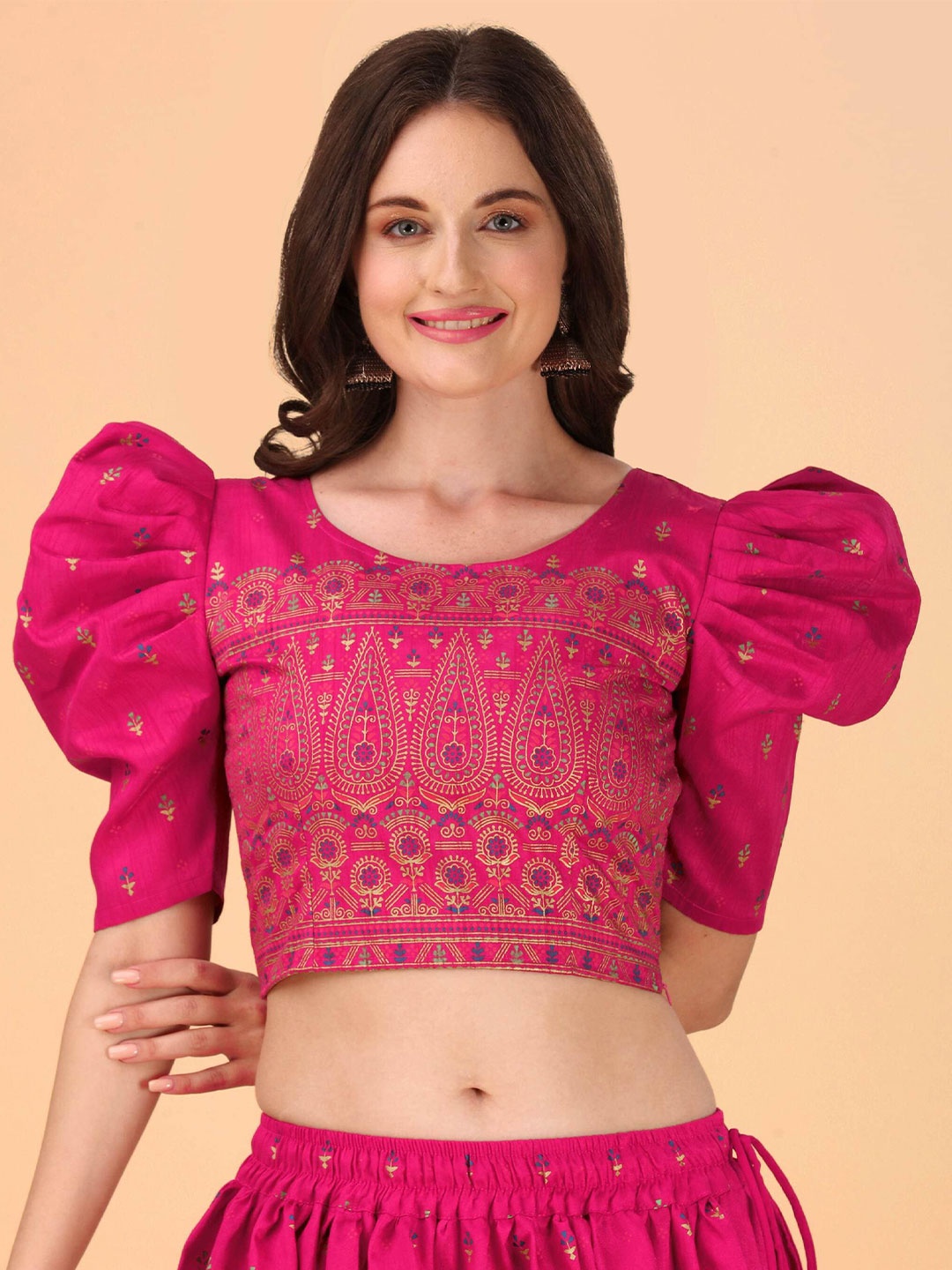

DL Fashion Puff Sleeve Crepe Crop Top, Pink
