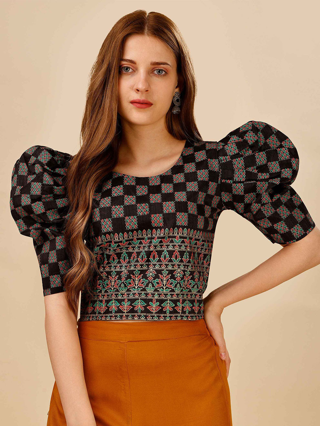 

DL Fashion Ethnic Motifs Printed Puff Sleeve Crop Top, Black