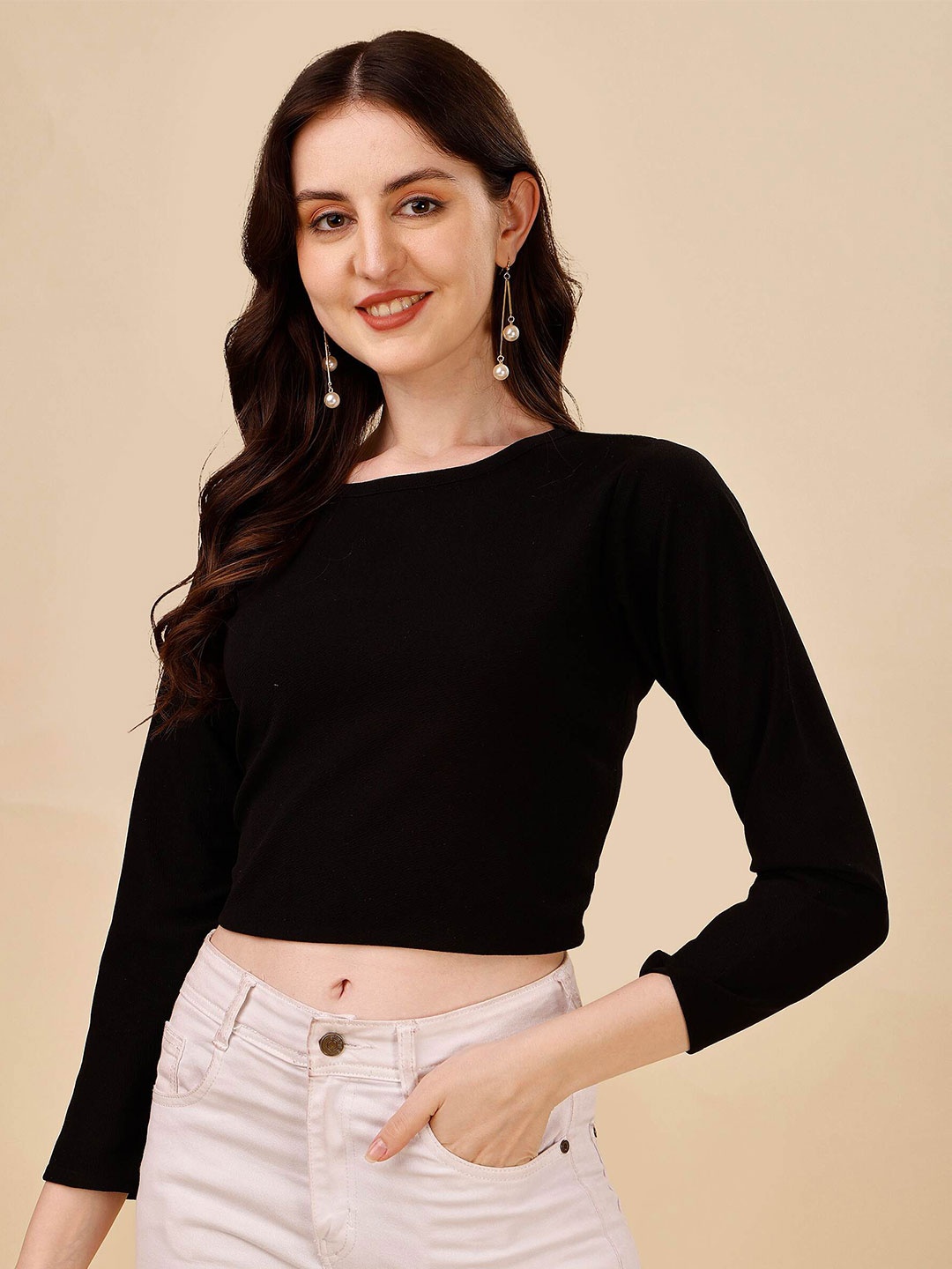 

DL Fashion Round Neck Crepe Crop Top, Black