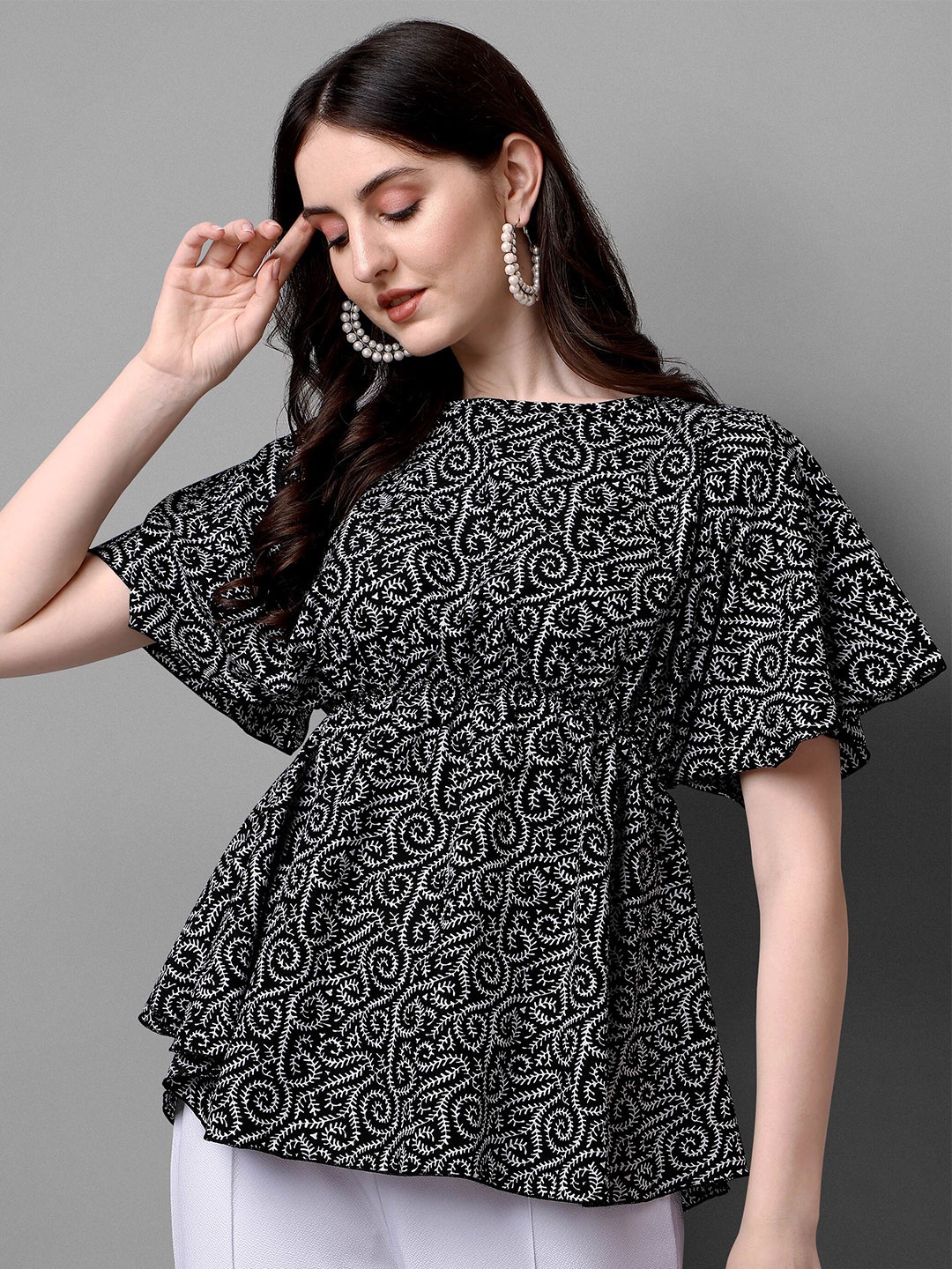 

DL Fashion Ethnic Motifs Printed Flared Sleeve Crepe Empire Top, Black