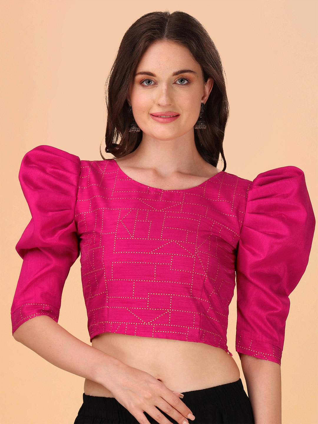 

DL Fashion Geometric Printed Puff Sleeves Crepe Crop Top, Pink