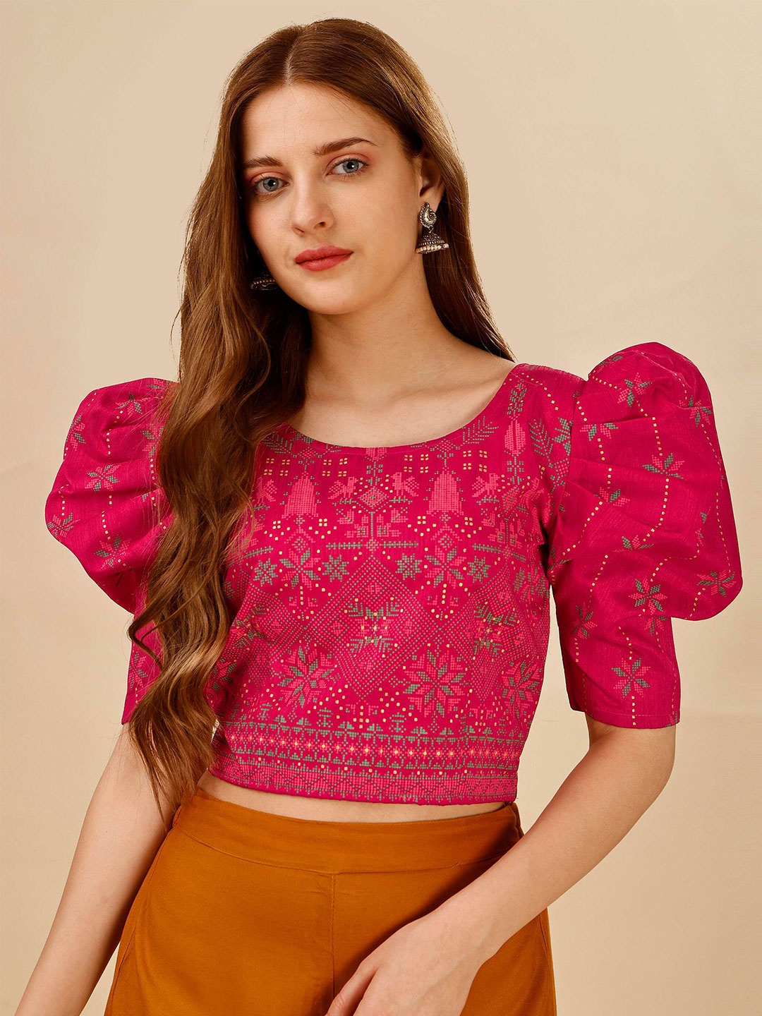 

DL Fashion Ethnic Motifs Printed Puff Sleeve Crepe Crop Top, Pink