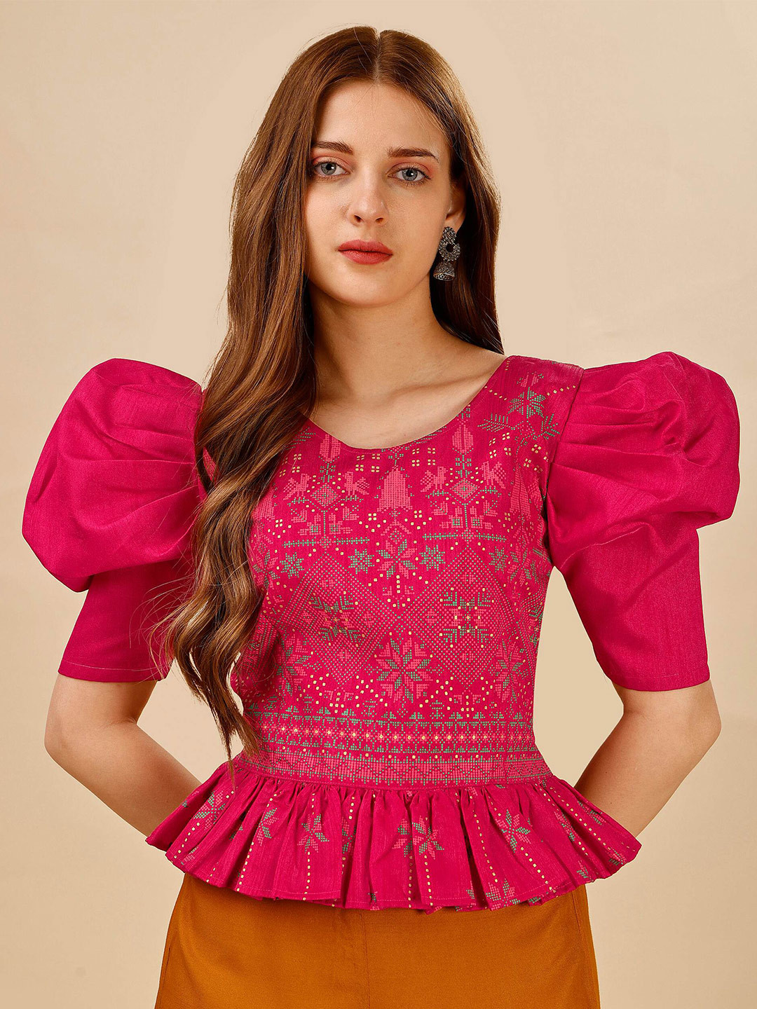 

DL Fashion Ethnic Motif Printed Puff Sleeve Peplum Top, Pink