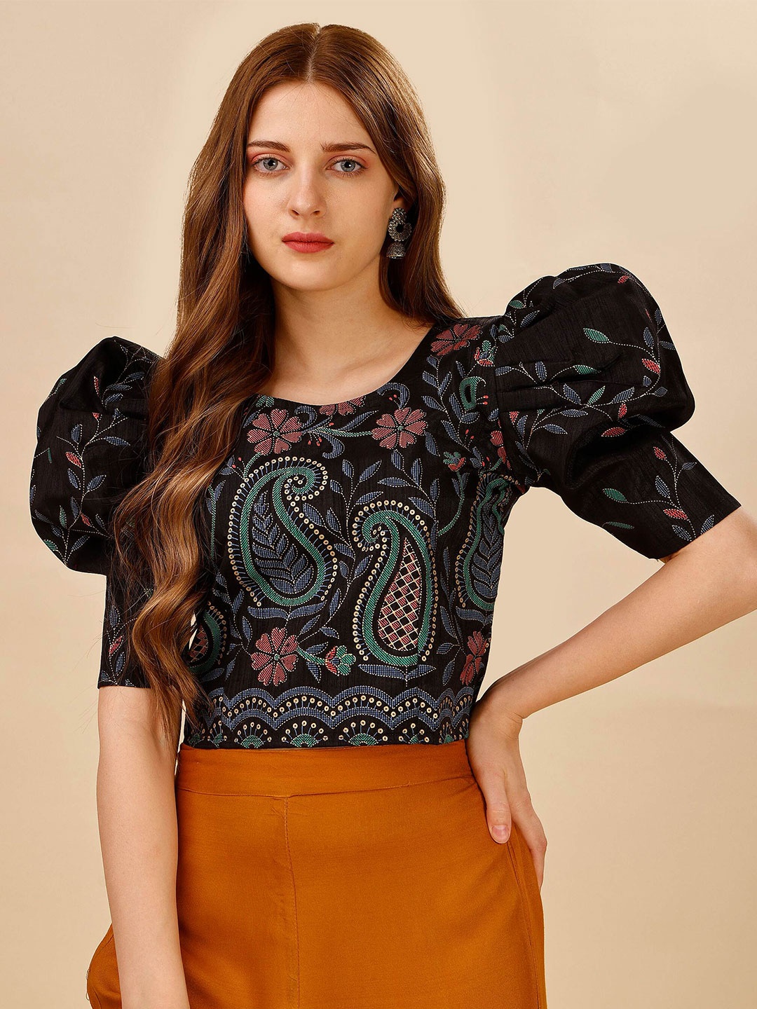 

DL Fashion Print Puff Sleeve Crepe Top, Black