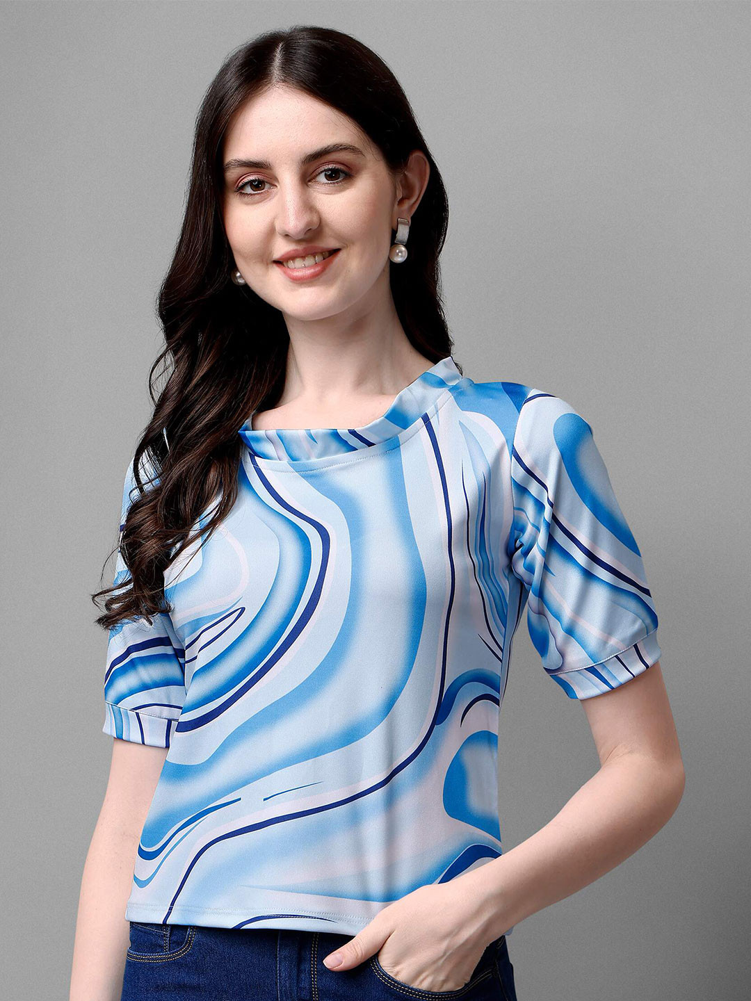 

DL Fashion Striped Puff Sleeve Crepe Top, Blue