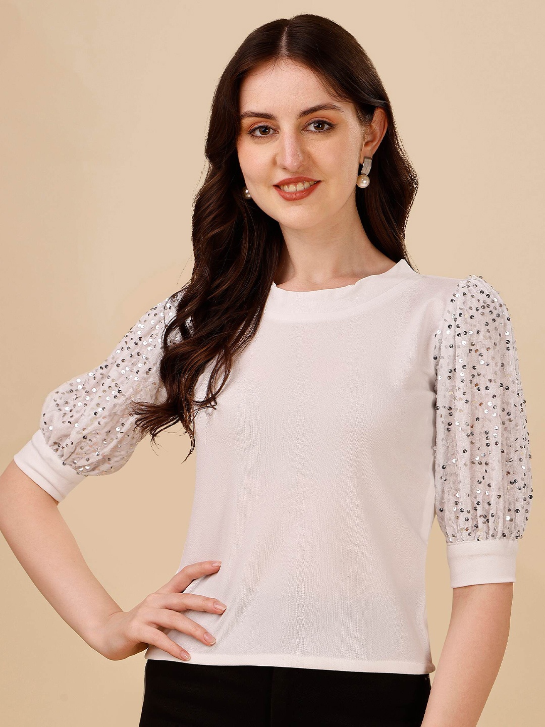 

DL Fashion Embellished Puff Sleeves top, Cream