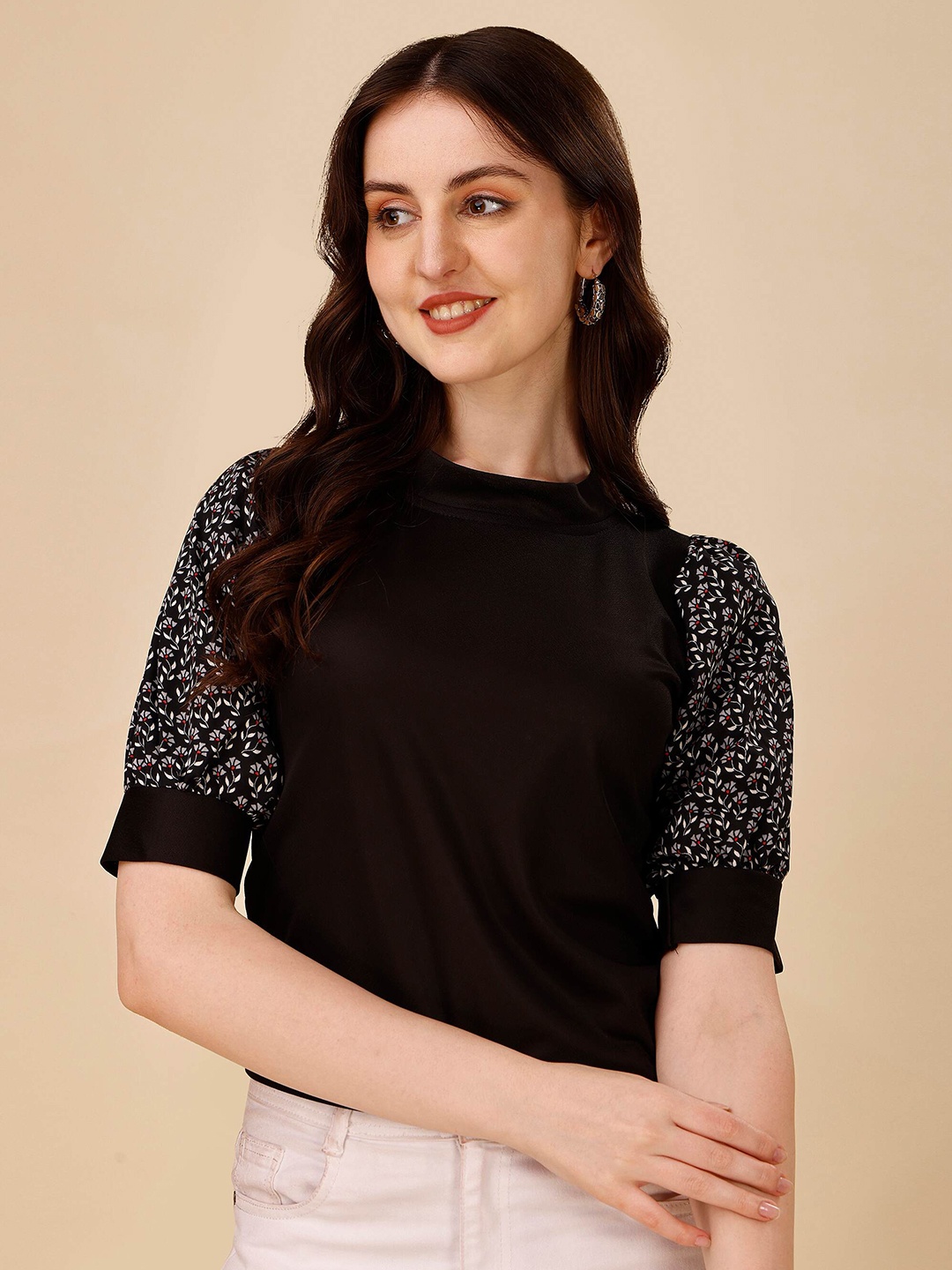 

DL Fashion Floral Printed Puff Sleeve Top, Black