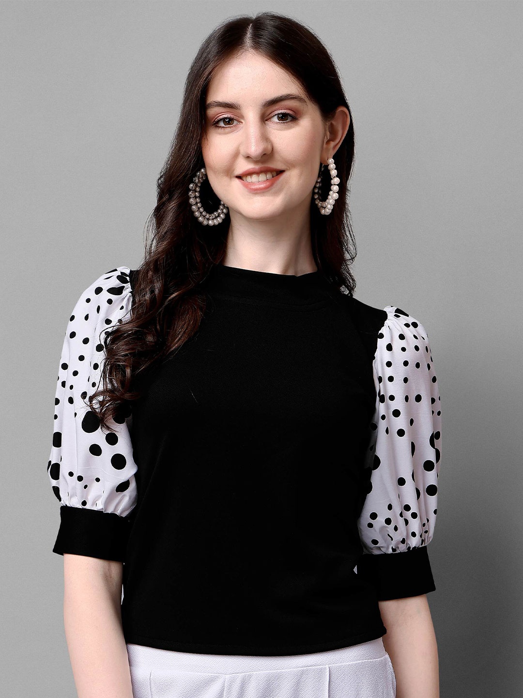 

DL Fashion Polka Dots Printed High Neck Puff Sleeve Crepe Top, White