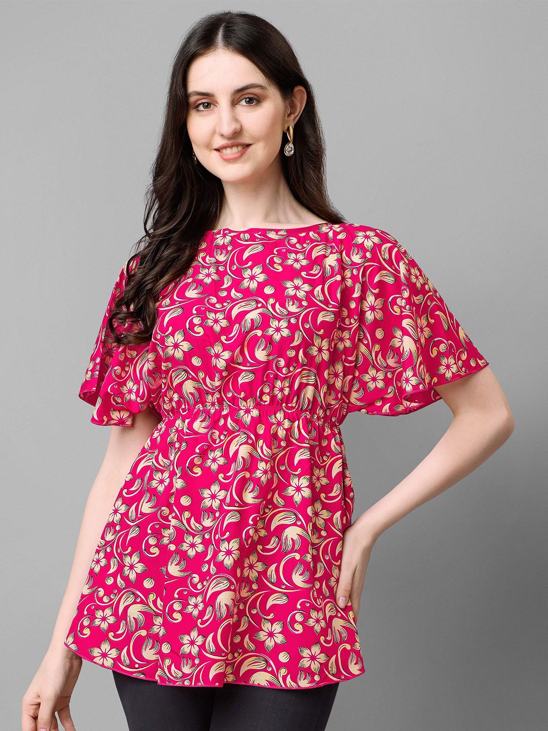 

DL Fashion Pink Floral Printed Flared Sleeve Crepe Longline Empire Top
