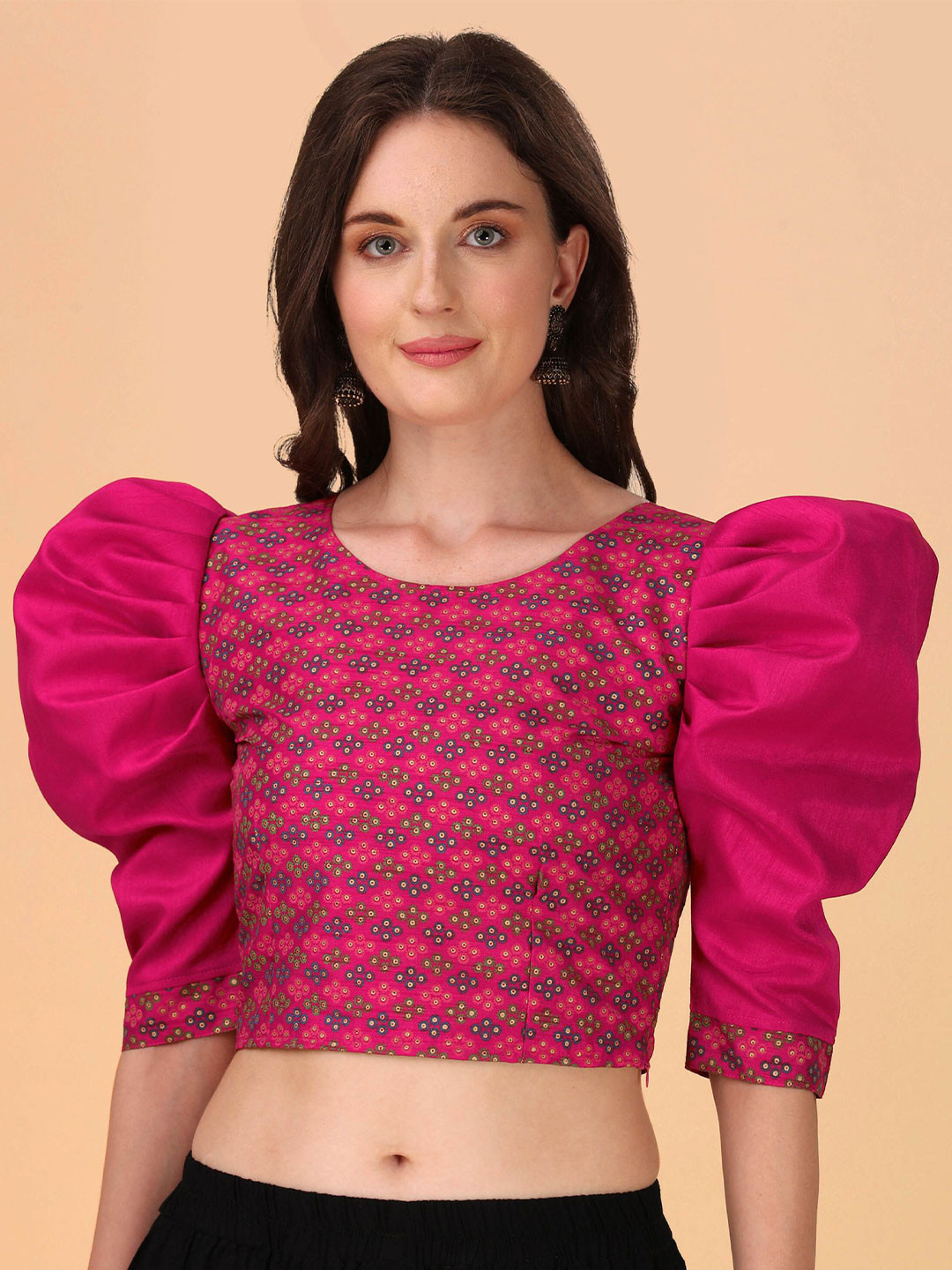 

DL Fashion Ethnic Motifs Printed Puff Sleeves Crop Top, Pink