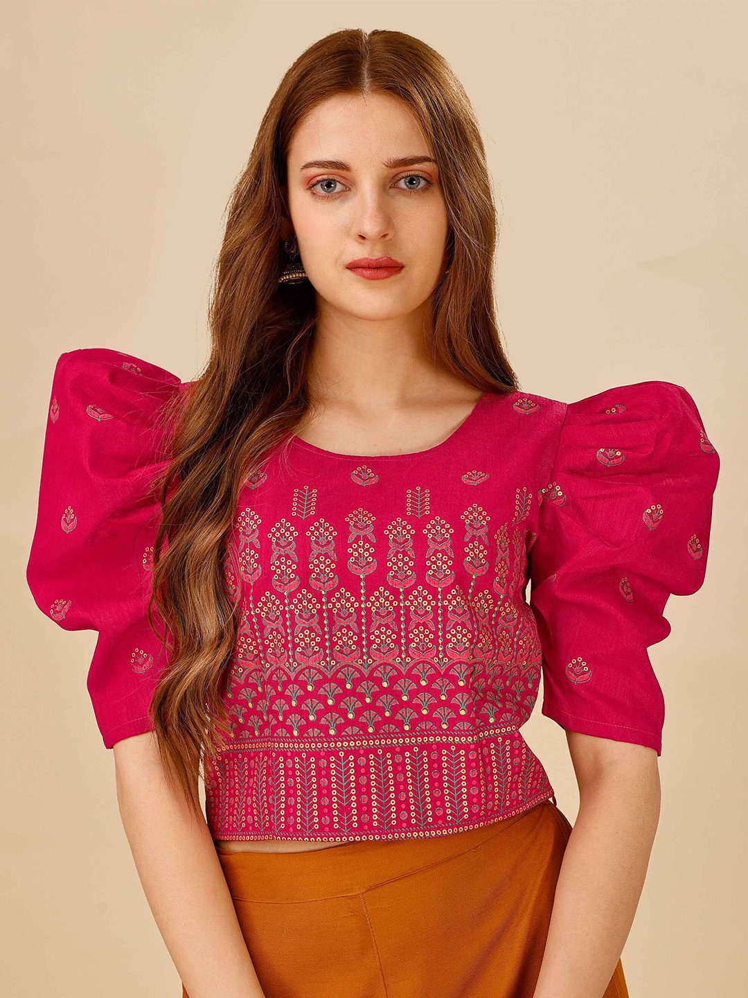 

DL Fashion Pink Print Puff Sleeve Crepe Top