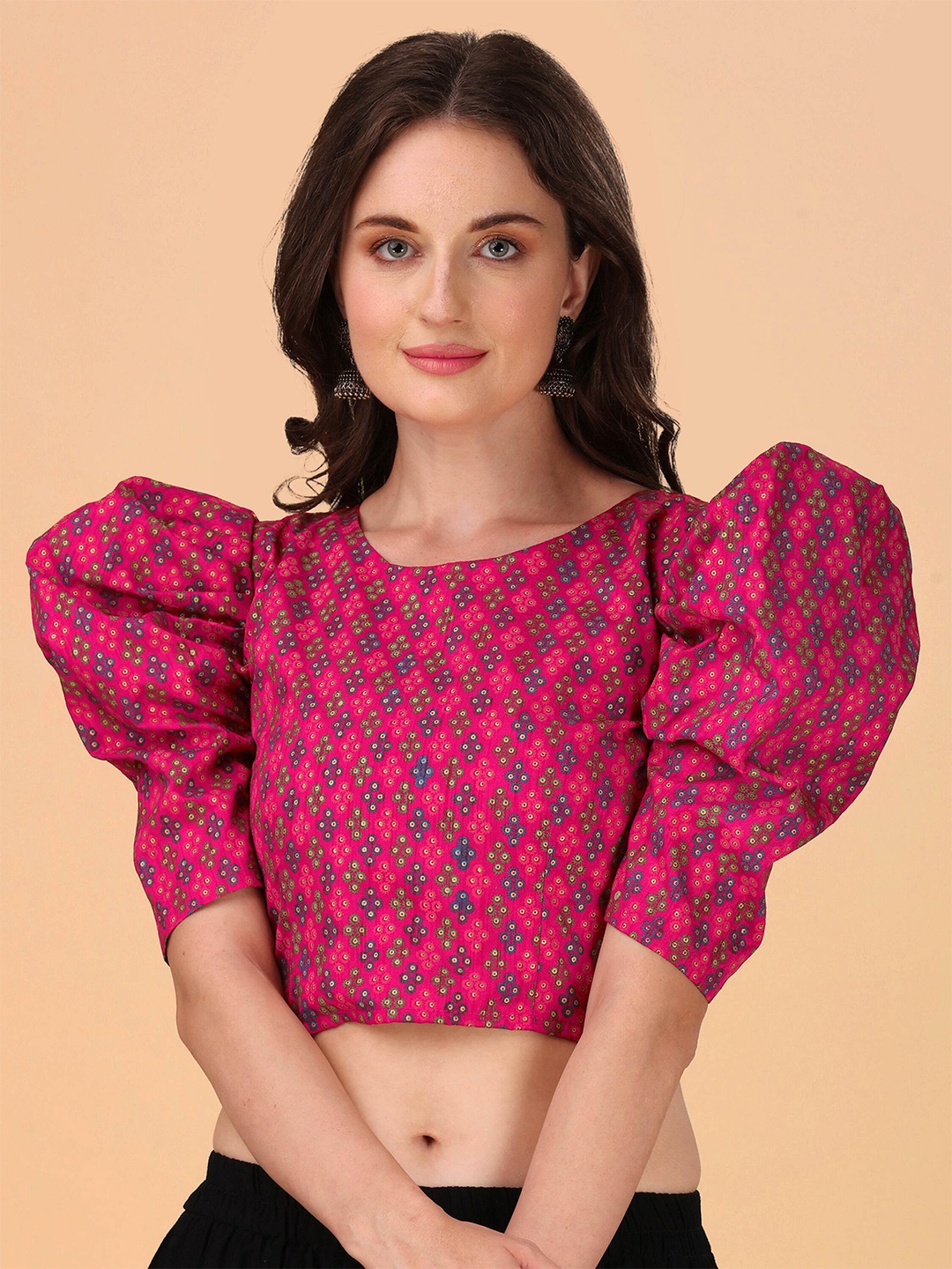

DL Fashion Ethnic Motifs Printed Puff Sleeve Crop Top, Pink
