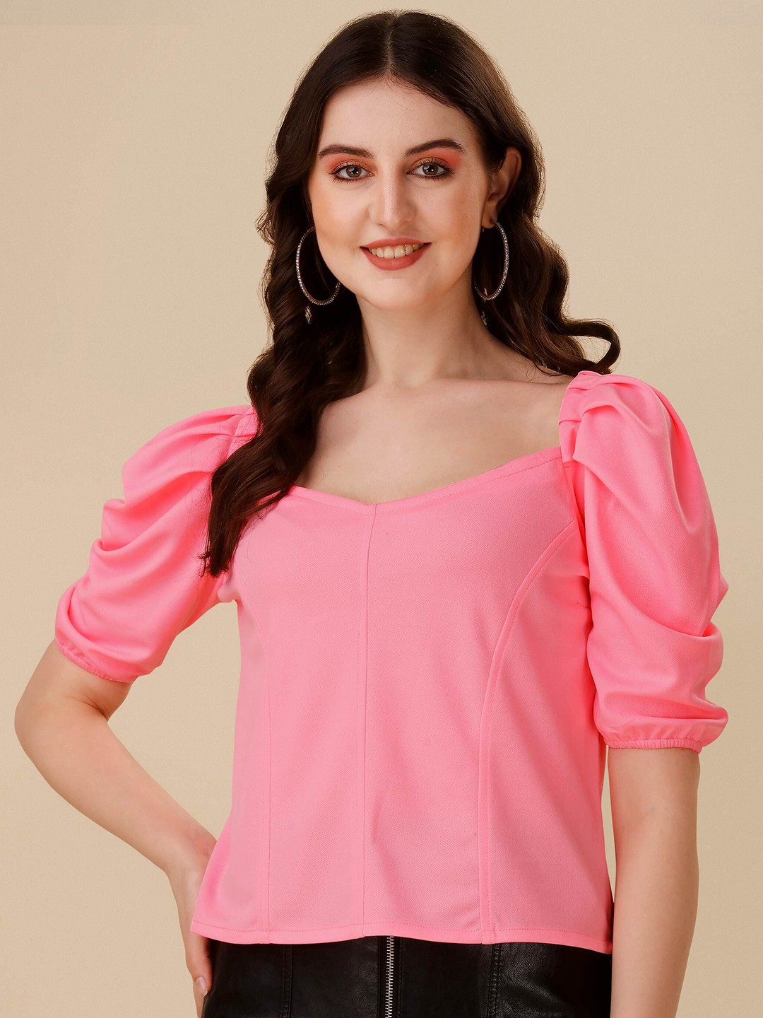 

DL Fashion Sweetheart Neck Puff Sleeves Crepe Top, Pink