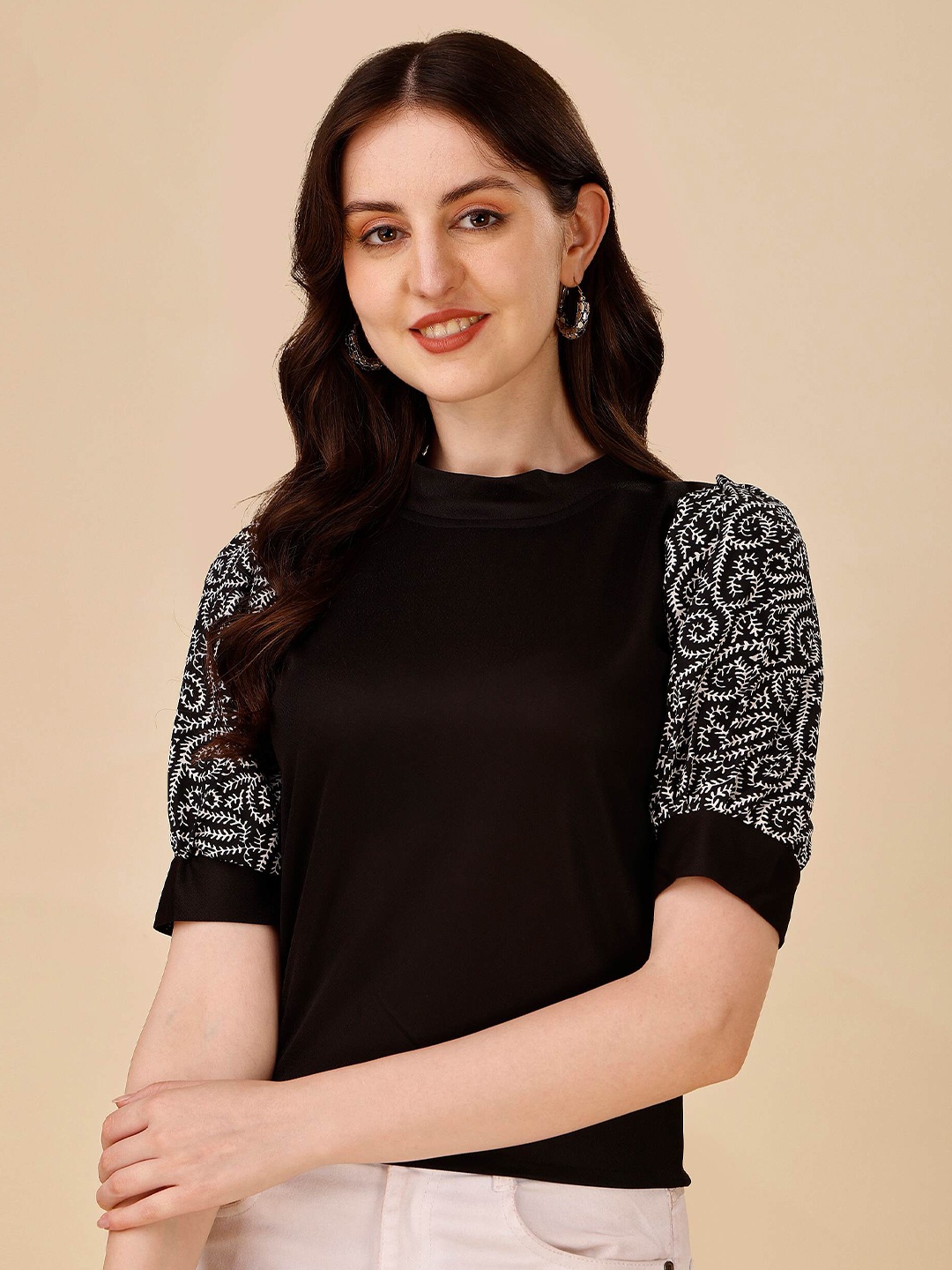 

DL Fashion Floral Printed Puff Sleeve Top, Black