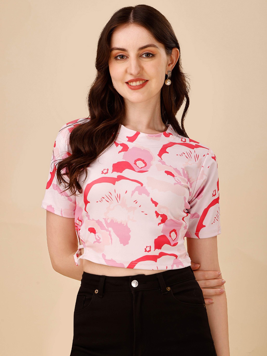 

DL Fashion Floral Print Crepe Crop Top, Pink
