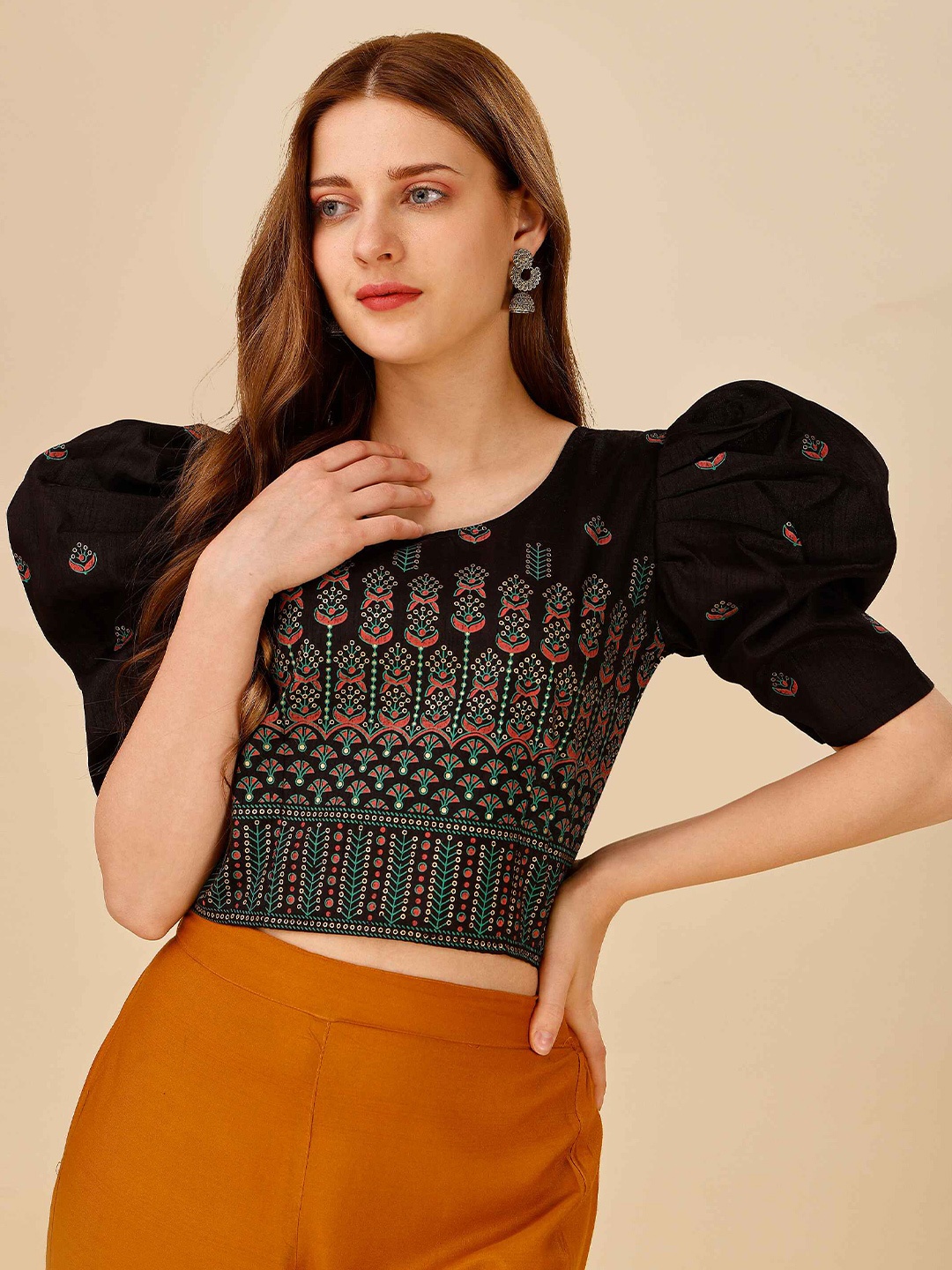 

DL Fashion Ethnic Motif Printed Puff Sleeve Peplum Crop Top, Black