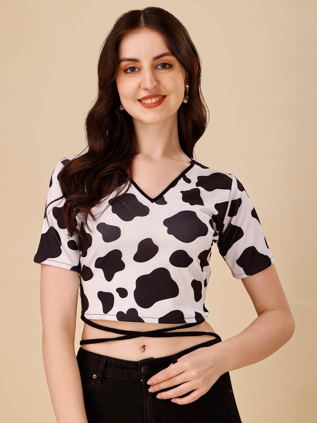

DL Fashion Abstract Printed Waist Tie-Up Crop Top, White