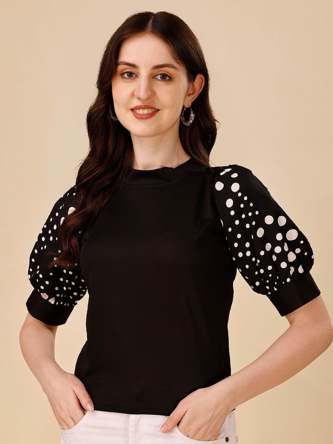 

DL Fashion Polka Dots Printed Puff Sleeve Crepe Top, Black