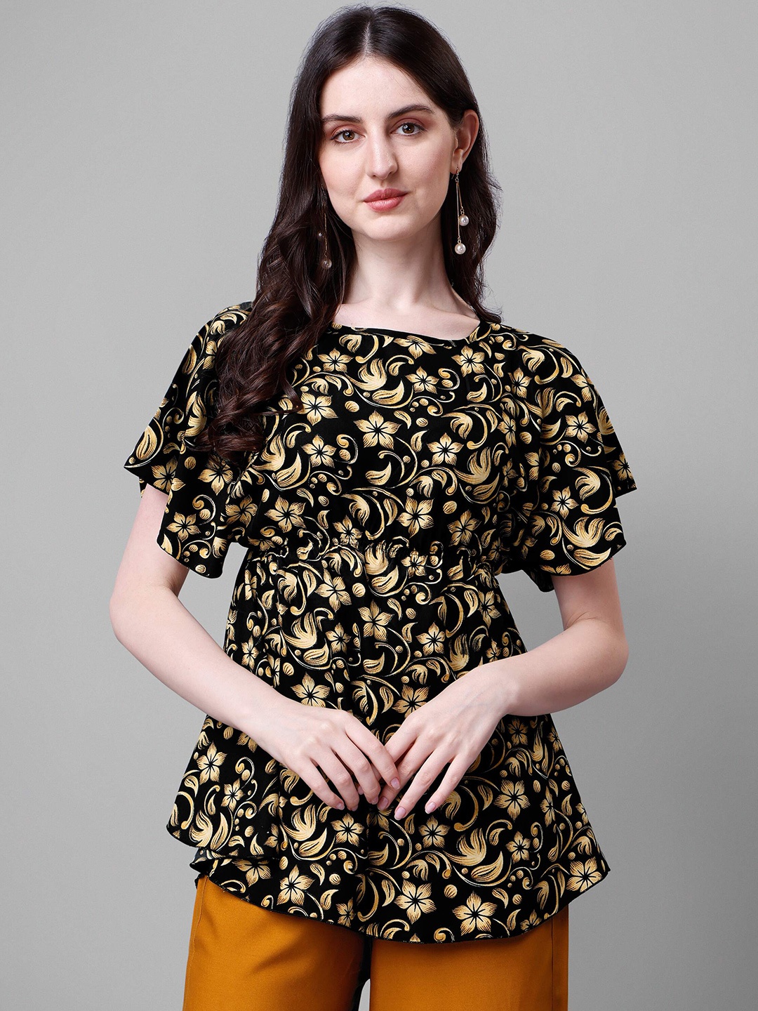 

DL Fashion Black Floral Print Flutter Sleeve Crepe Empire Top