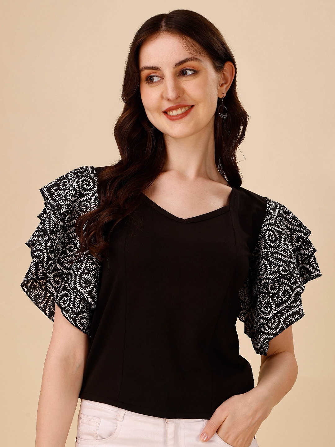 

DL Fashion Ethnic Motifs Printed Flutter Sleeve Crepe Top, Black