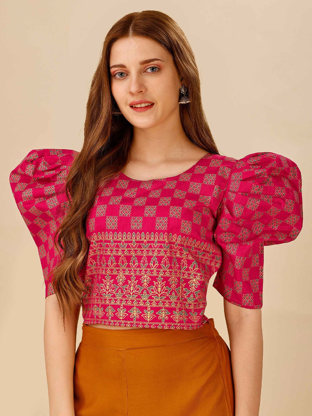 

DL Fashion Ethnic Motifs Printed Puff Sleeves Crop Top, Pink