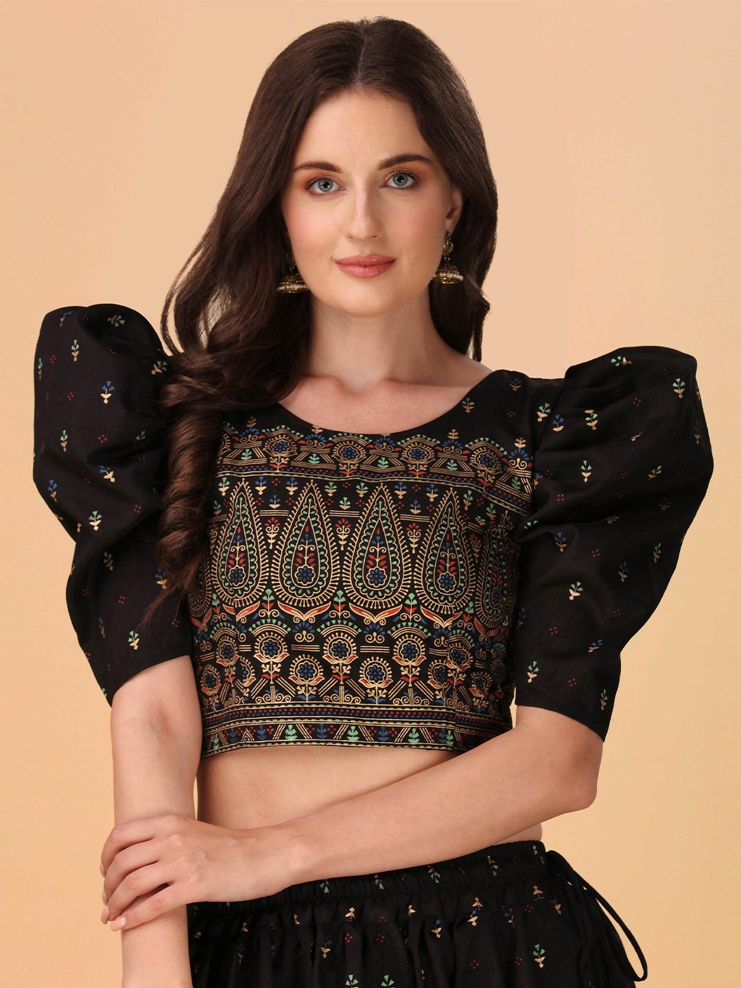 

DL Fashion Black Print Puff Sleeve Crepe Crop Top
