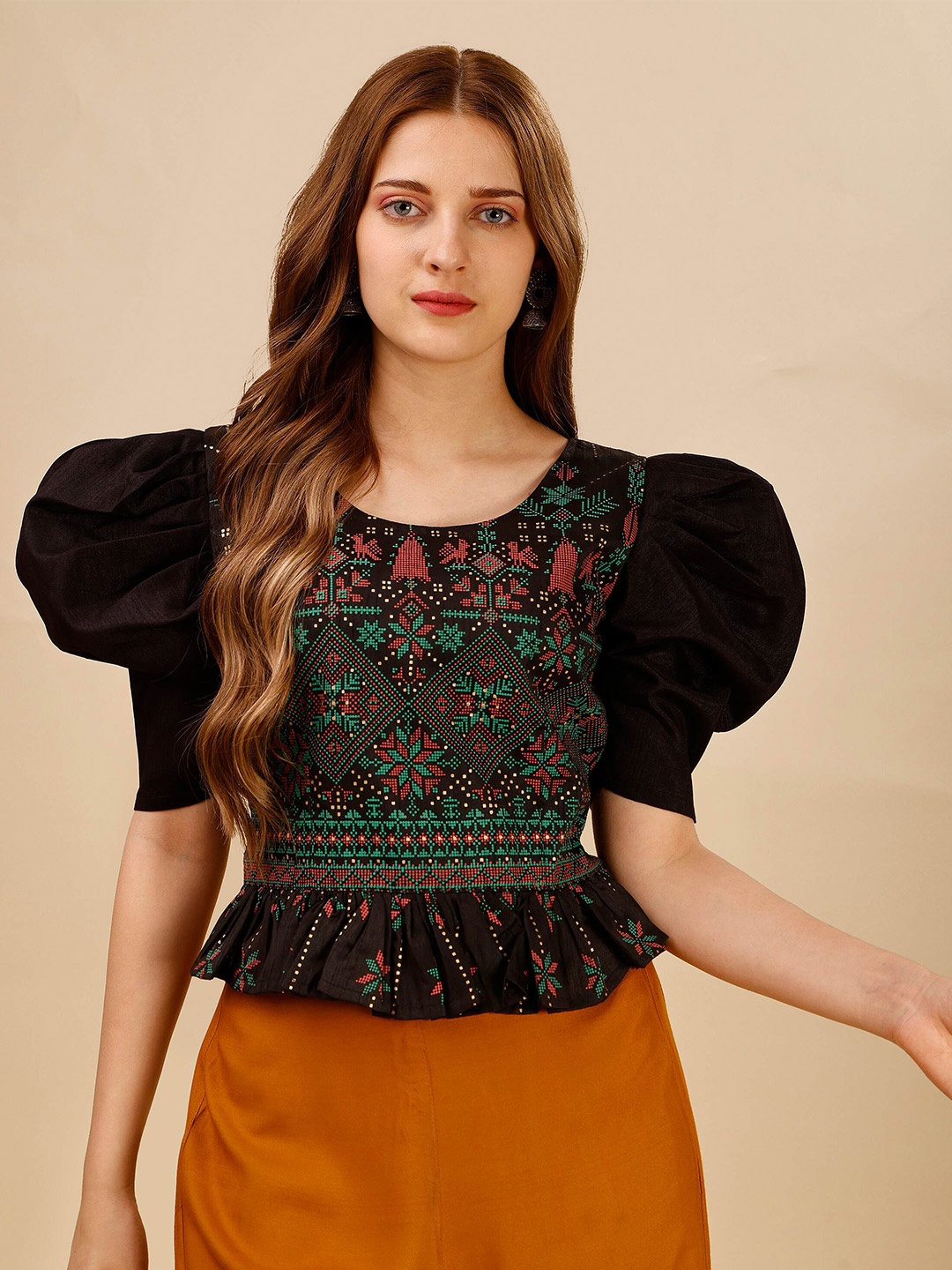 

DL Fashion Ethnic Motifs Printed Puff Sleeves Crepe Cinched Waist Top, Black
