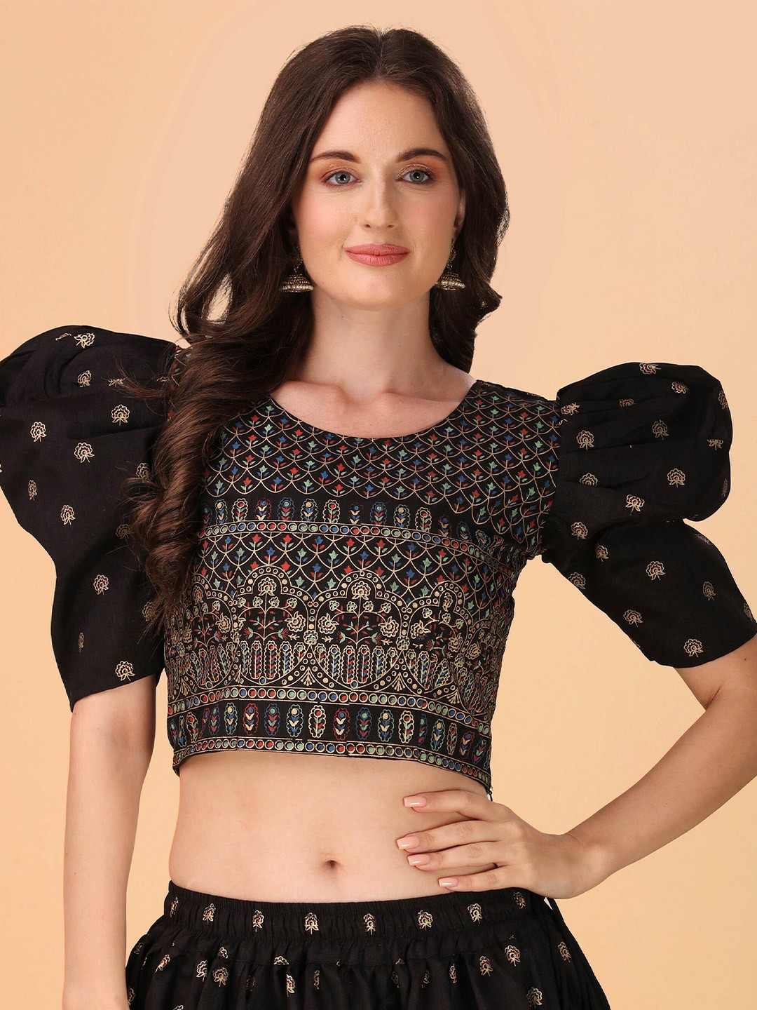 

DL Fashion Ethnic Motif Printed Puff Sleeve Peplum Top, Black