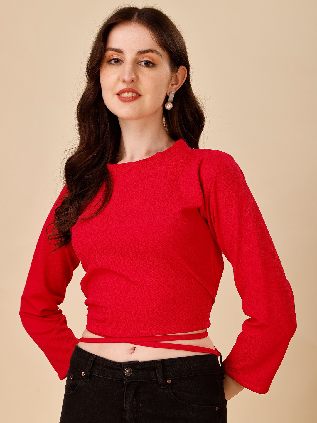 

DL Fashion Back Tie Up Crepe Crop Top, Red