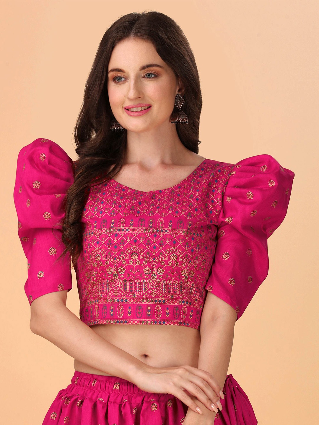 

DL Fashion Ethnic Motifs Printed Puff Sleeves Crop Top, Pink