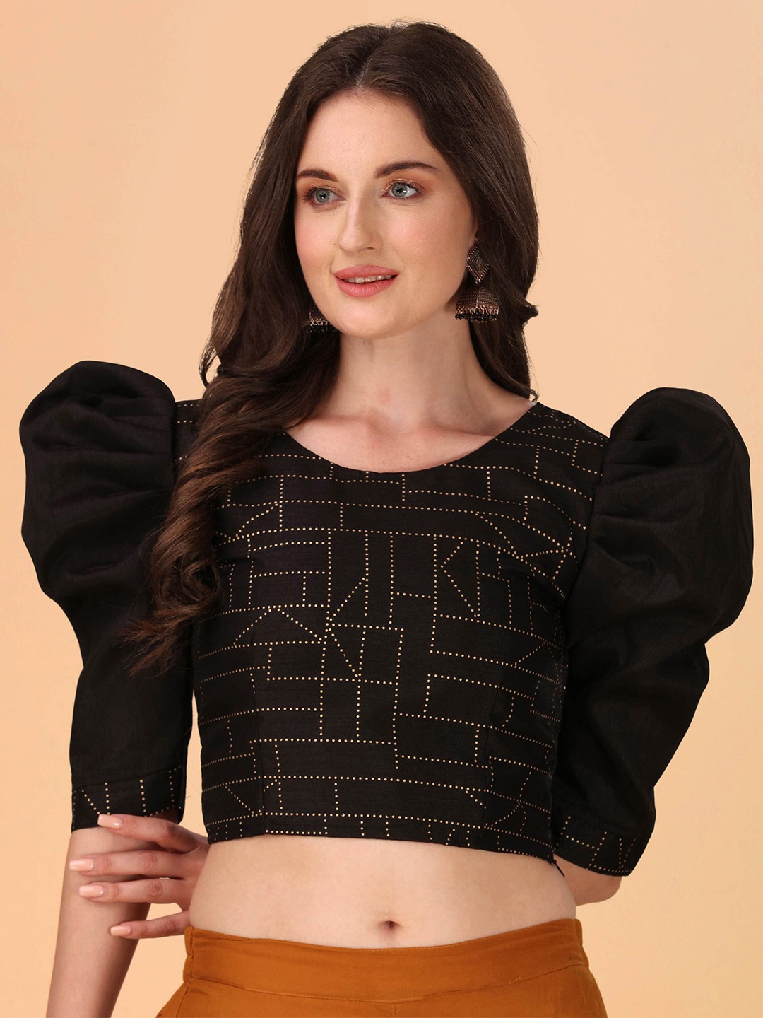 

DL Fashion Geometric Printed Puff Sleeve Crepe Crop Top, Black