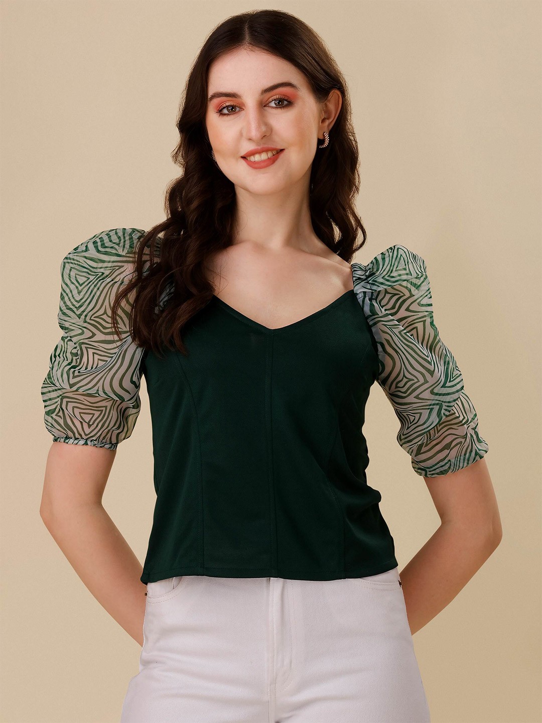 

DL Fashion V-Neck Puff Sleeves Crepe Top, Green