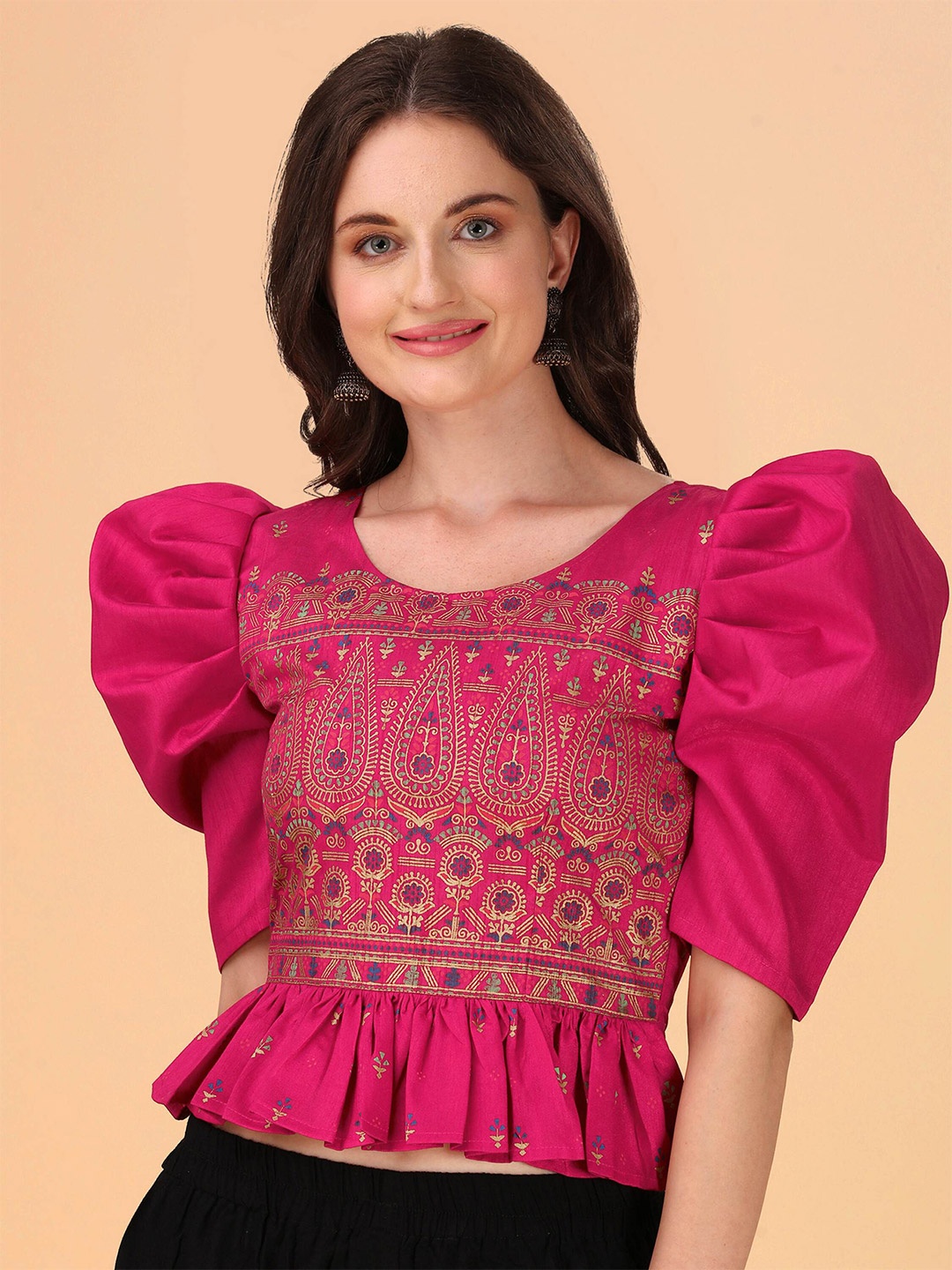 

DL Fashion Ethnic Motifs Printed Puff Sleeve Crepe Crop Top, Pink
