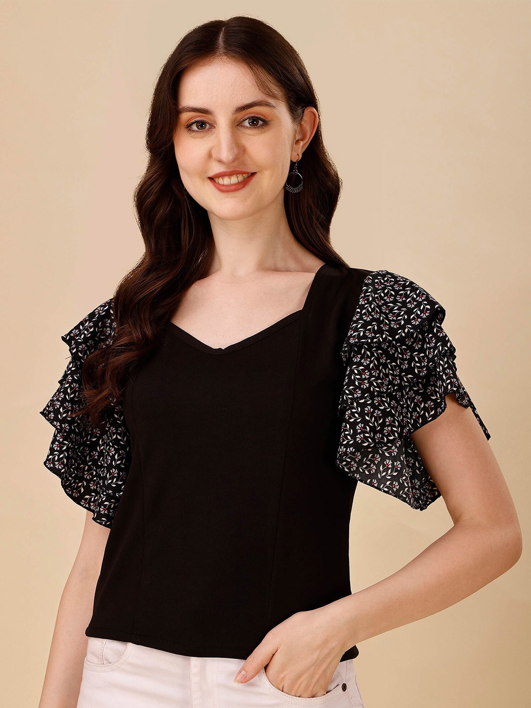 

DL Fashion V-Neck Flutter Sleeve Crepe Top, Black
