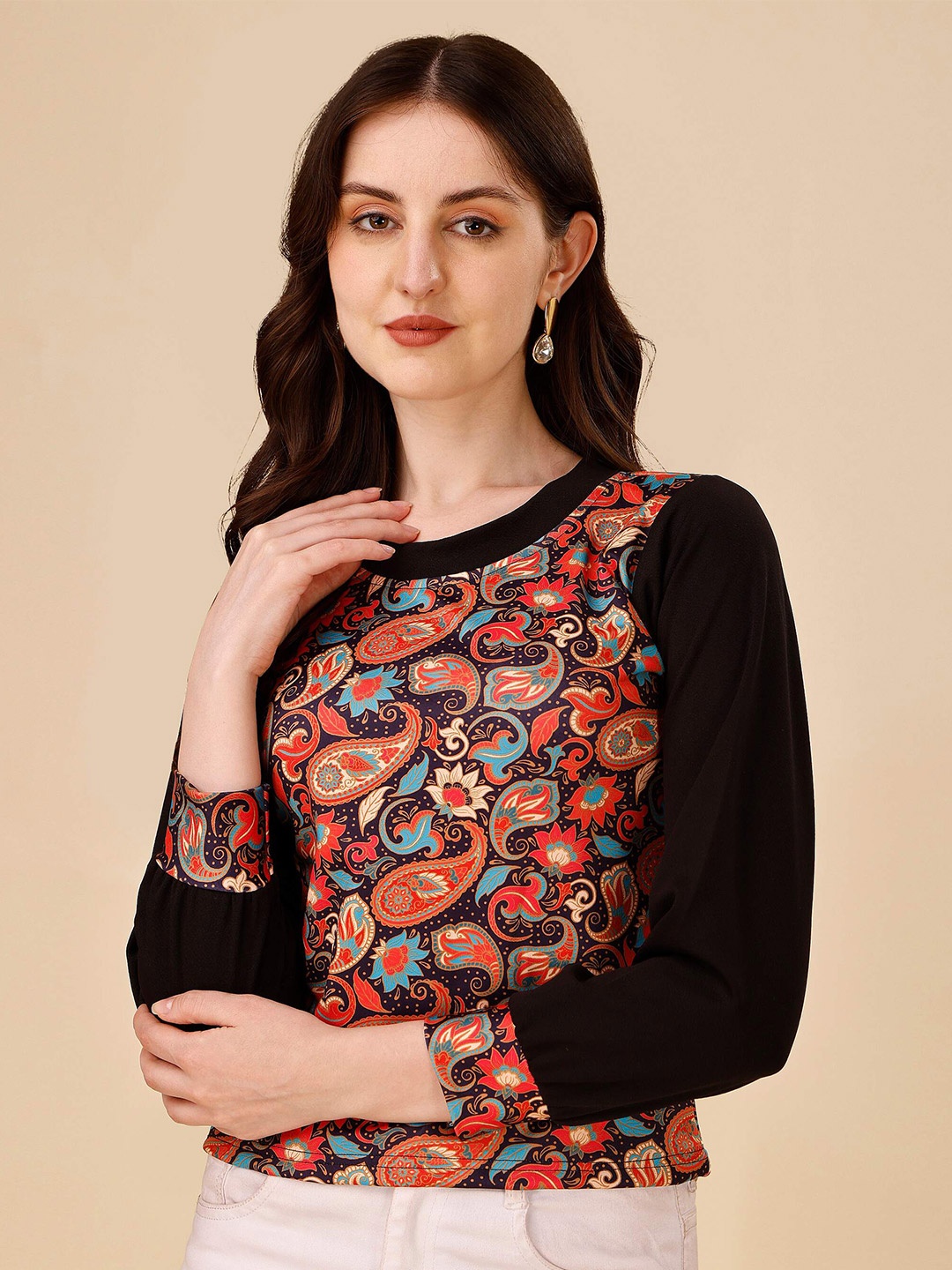 

DL Fashion Paisley Print Full Sleeve Crepe Top, Black