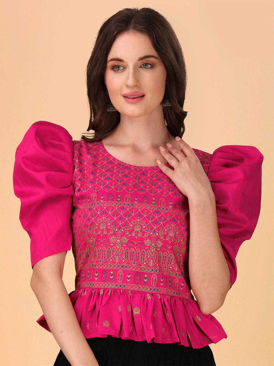 

DL Fashion Ethnic Motif Printed Puff Sleeve Peplum Top, Pink