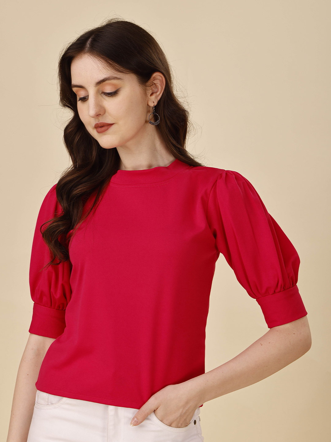 

DL Fashion High Neck Puff Sleeves Top, Red