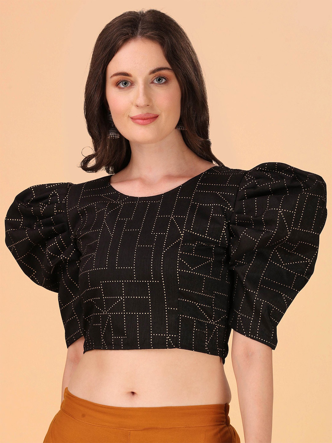 

DL Fashion Geometric Printed Puff Sleeves Fitted Crop Top, Black