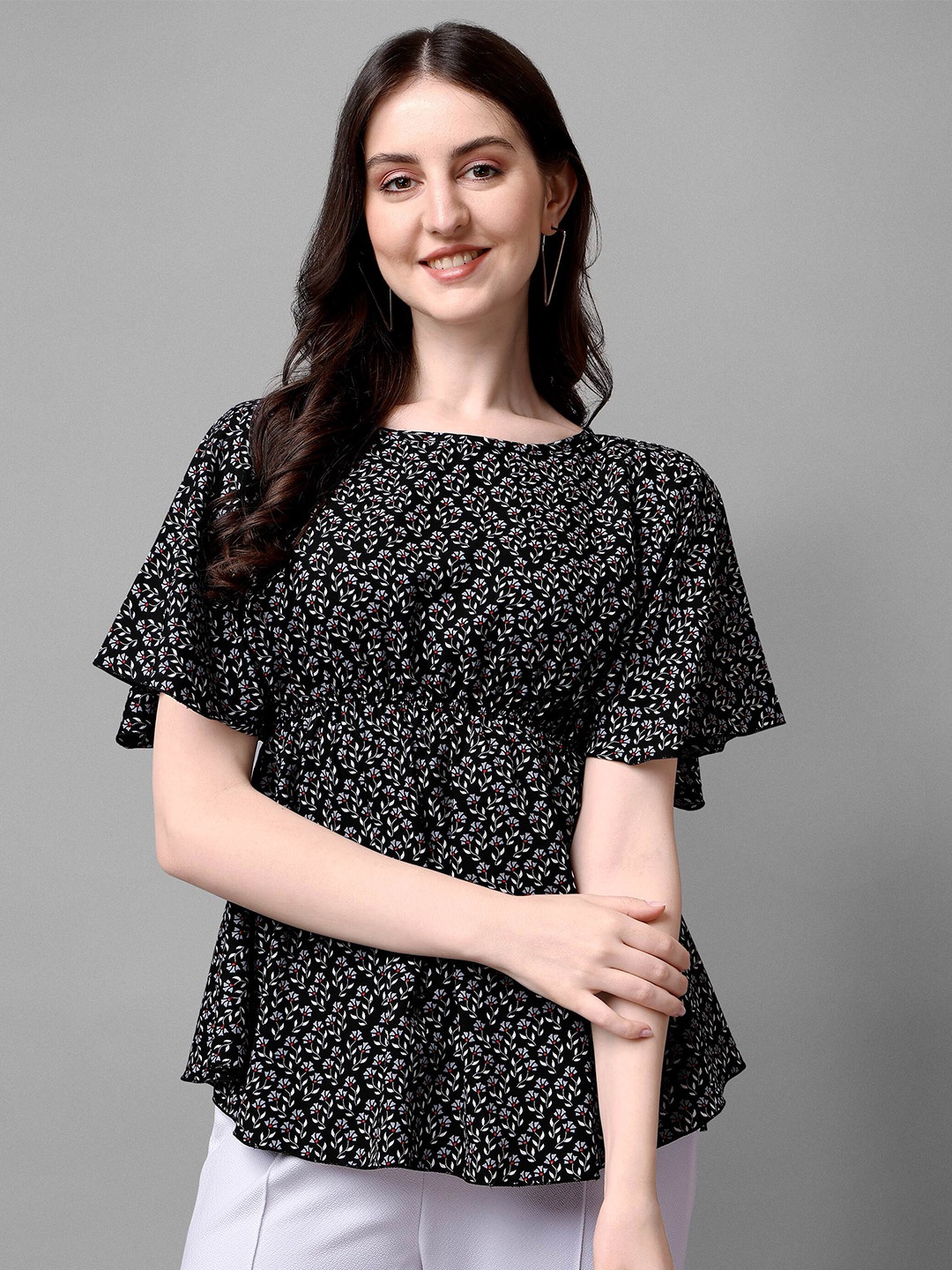 

DL Fashion Floral Printed Flutter Sleeve Cinched Waist Top, Black