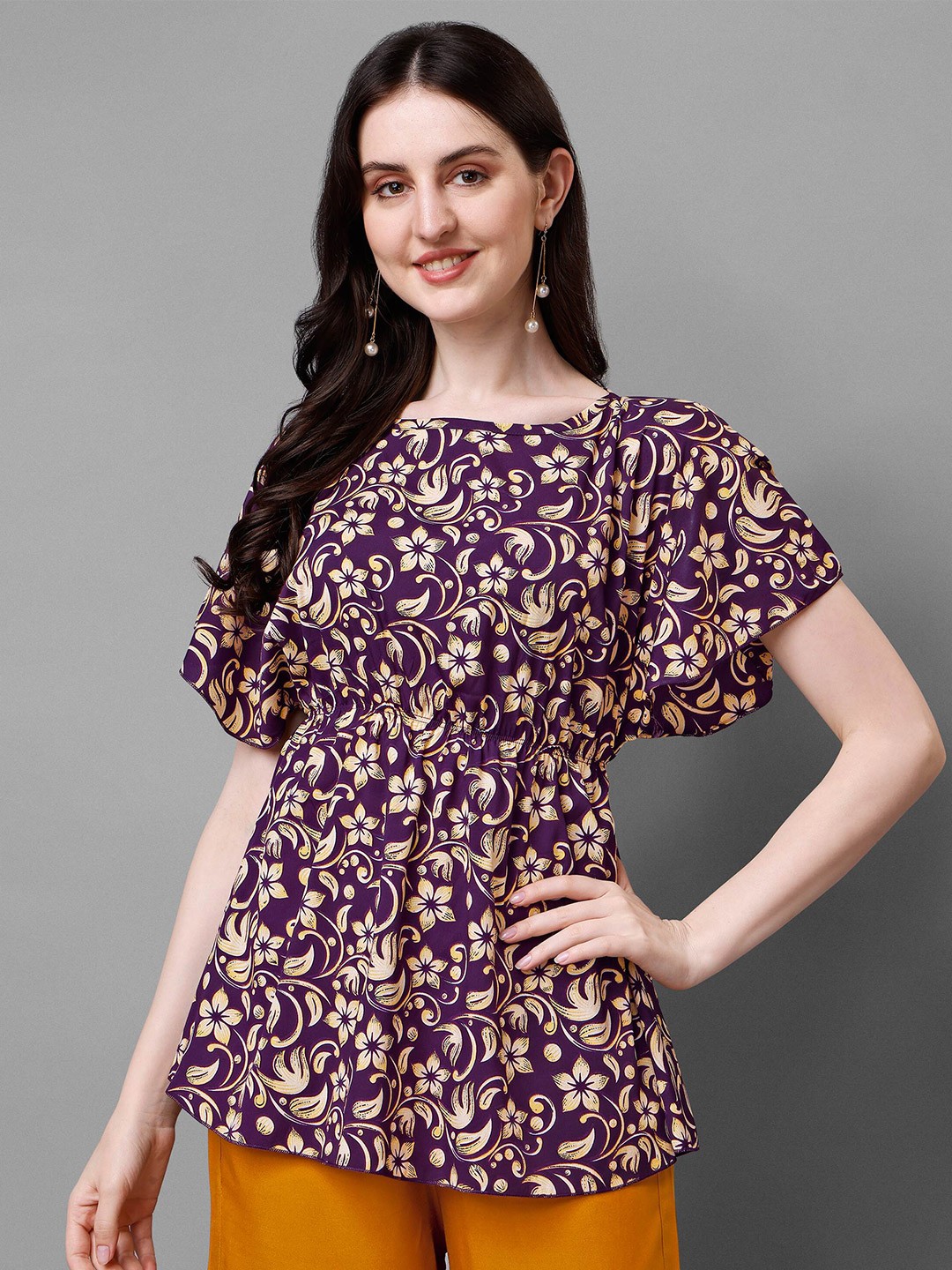

DL Fashion Floral Printed Flutter Sleeve Cinched Waist Top, Purple