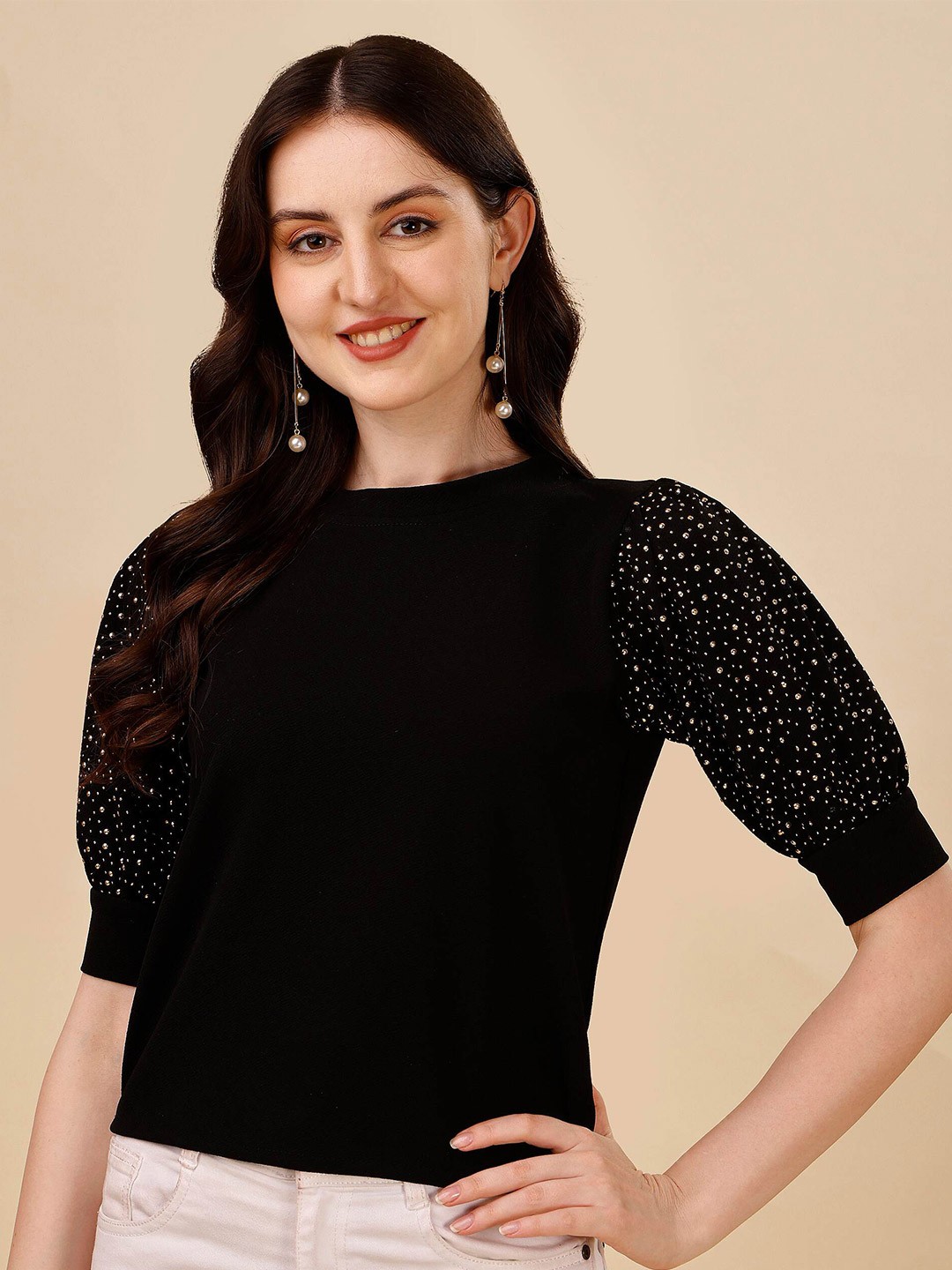 

DL Fashion Embellished Puff Sleeves top, Black