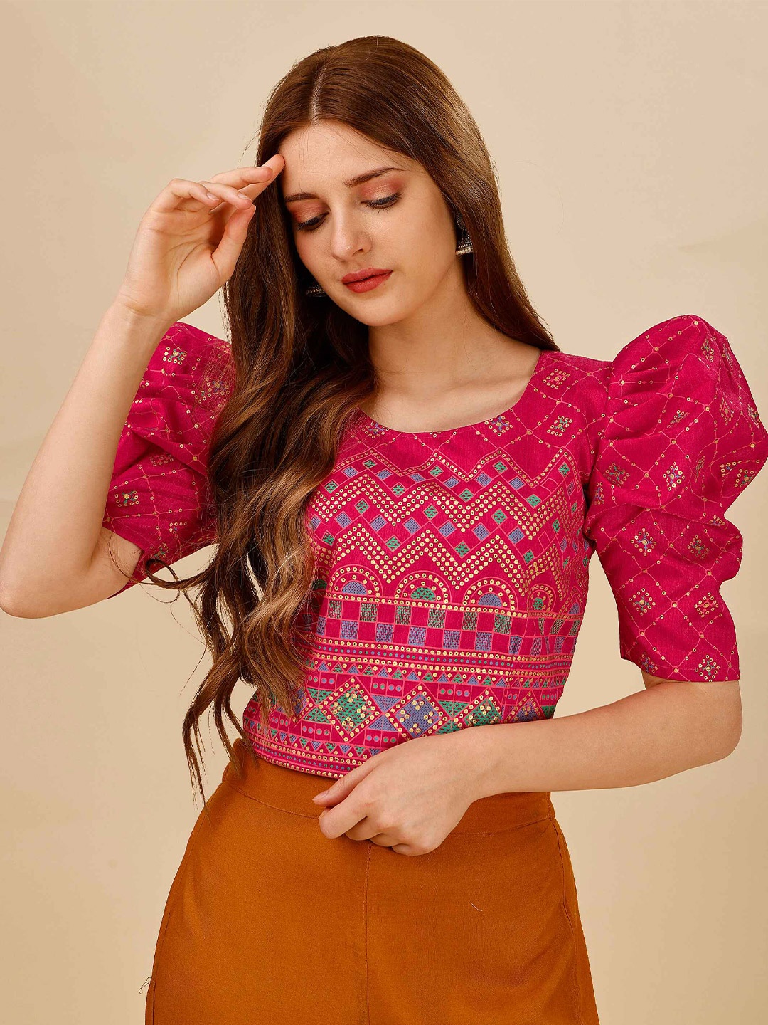 

DL Fashion Ethnic Motifs Printed Puff Sleeves Crop Top, Pink