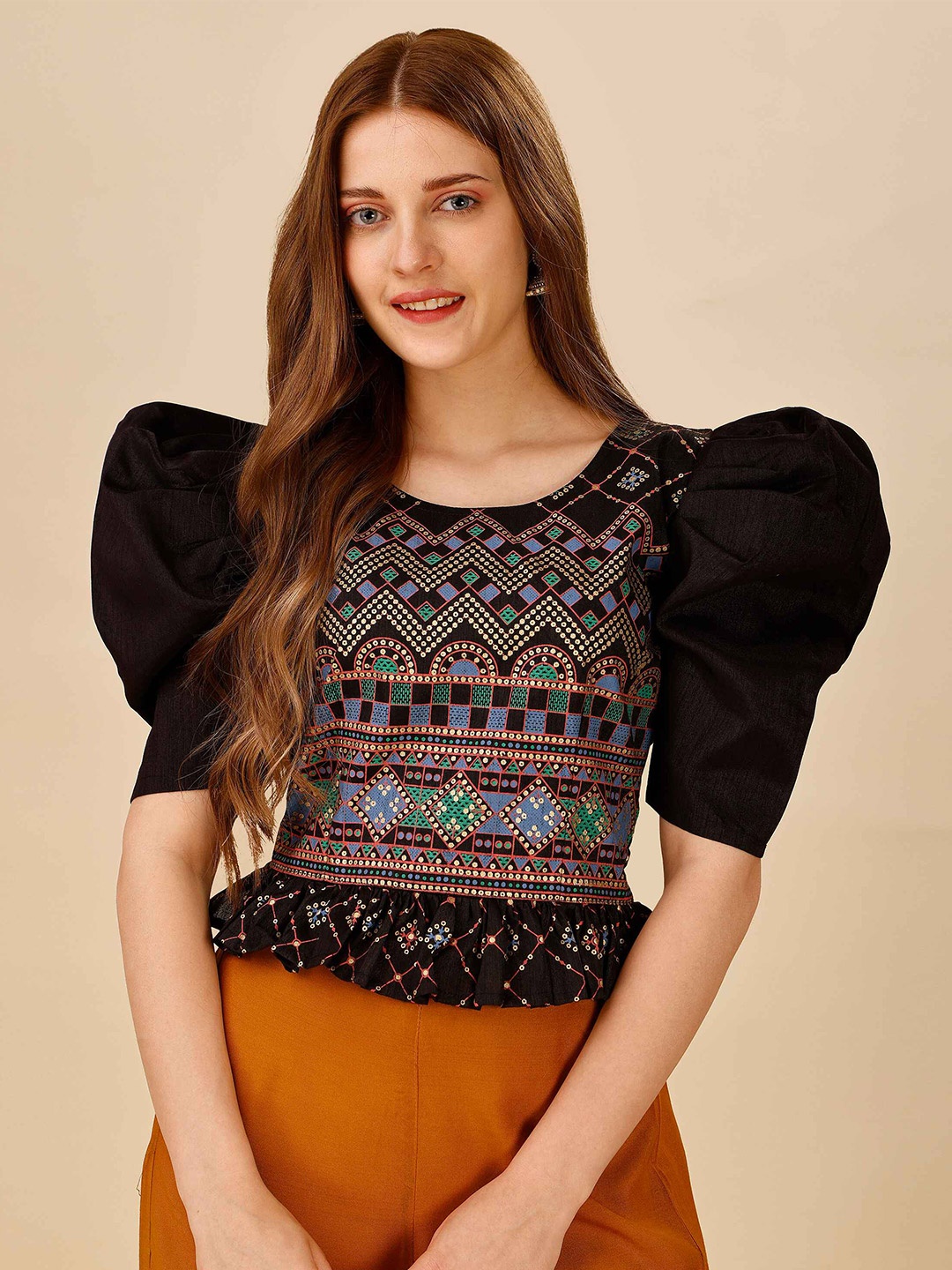 

DL Fashion Black Print Puff Sleeve Crepe Top