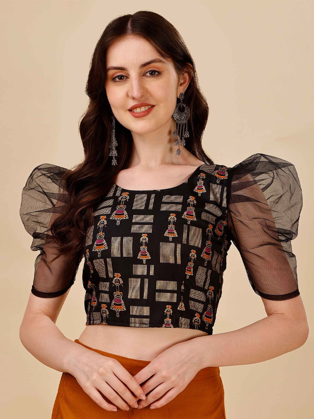 

DL Fashion Ethnic Motifs Printed Puff Sleeve Crepe Crop Top, Black