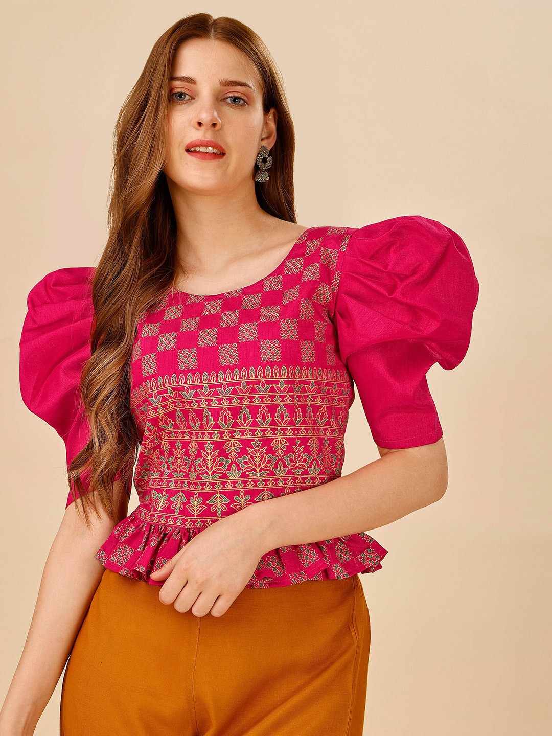 

DL Fashion Ethnic Motif Printed Puff Sleeve Peplum Crop Top, Pink