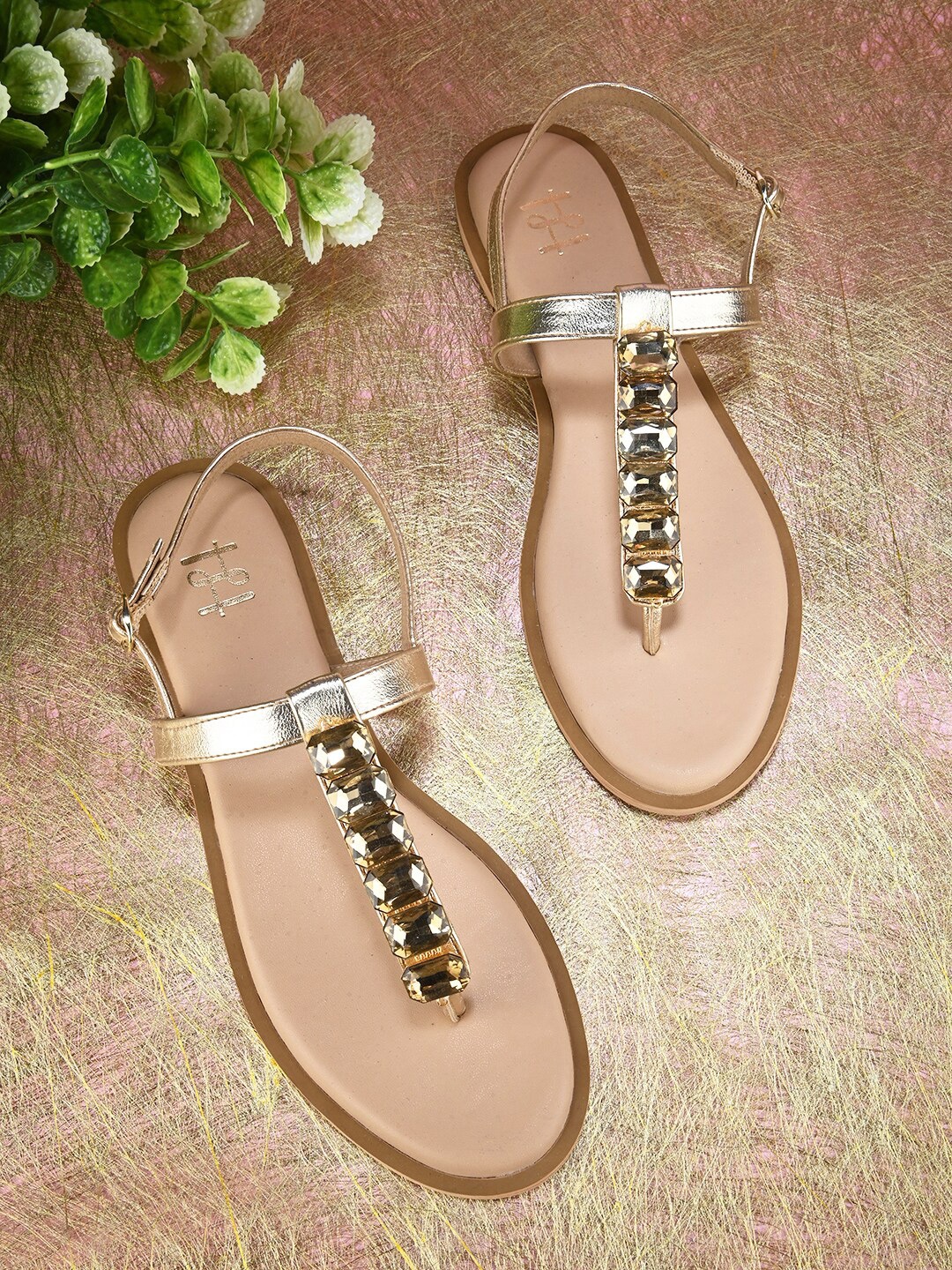 

Hydes N Hues Embellished T-Strap Flats, Gold