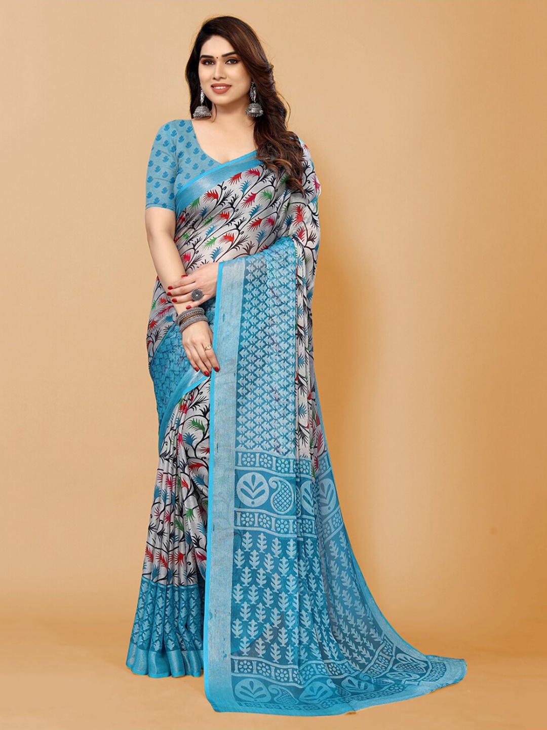 

FABMORA Floral Printed Zari Poly Chiffon Saree, Blue